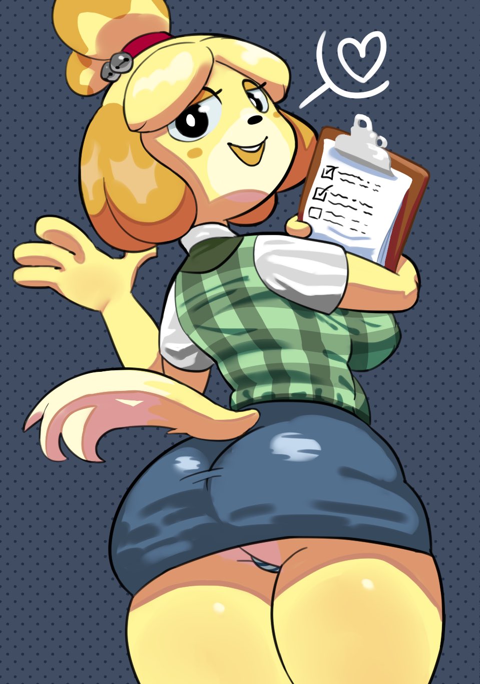 2024 4_fingers accessory animal_crossing anthro back_boob bedroom_eyes bell big_breasts biped black_eyes blonde_hair blue_background bottomwear breasts buckteeth butt canid canine canis cardigan checkered checkered_clothing checkered_topwear clipboard clothed clothing dipstick_tail domestic_dog dotted_background female fingers furgonomics gesture hair hair_accessory hair_bun hair_tie heart_symbol hi_res holding_clipboard holding_object isabelle_(animal_crossing) kitapult looking_at_viewer looking_back looking_back_at_viewer low-angle_view mammal markings narrowed_eyes nintendo open_mouth open_smile panties pattern_background pattern_bottomwear pattern_clothing pattern_panties pattern_topwear pattern_underwear pencil_skirt rear_view seductive shih_tzu simple_background skirt smile solo speech_bubble striped_bottomwear striped_clothing striped_panties striped_underwear stripes tail tail_markings teeth thick_thighs tied_hair tight_bottomwear tight_clothing tight_skirt topwear toy_dog underwear upskirt waving waving_at_viewer yellow_body