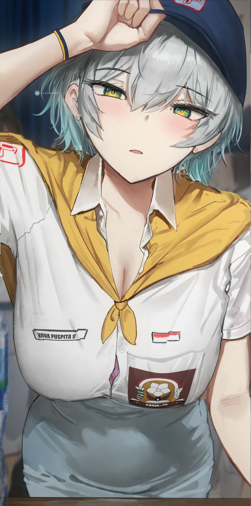 1girl adjusting_clothes adjusting_headwear artist_logo blue_hat blue_skirt breasts cleavage collarbone collared_shirt commentary_request green_eyes grey_hair hair_between_eyes hat highres indonesian_commentary indonesian_flag indonesian_high_school_uniform large_breasts looking_at_viewer neckerchief original parted_lips school_uniform shirt short_hair short_sleeves sidelocks skirt solo upper_body vloodozer white_shirt wristband yellow_neckerchief