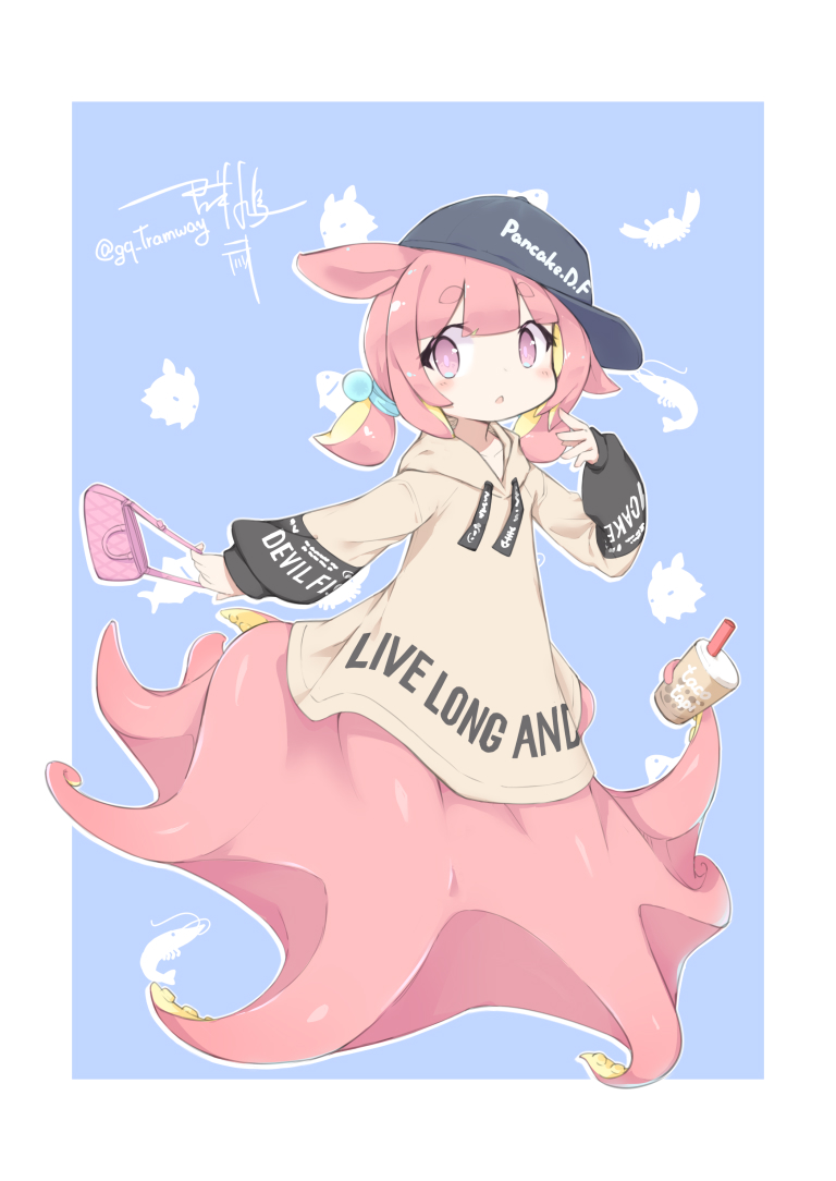 1girl artist_logo artist_name bag baseball_cap blonde_hair blue_background blush colored_skin commentary crab cup english_text flat_chest handbag hat holding holding_cup hood hoodie looking_at_viewer monster_girl murabatodenki octopus original parted_lips pink_eyes pink_hair pink_skin scrunchie shrimp simple_background solo symbol-only_commentary tentacle_hair tentacles webbing yellow_skin