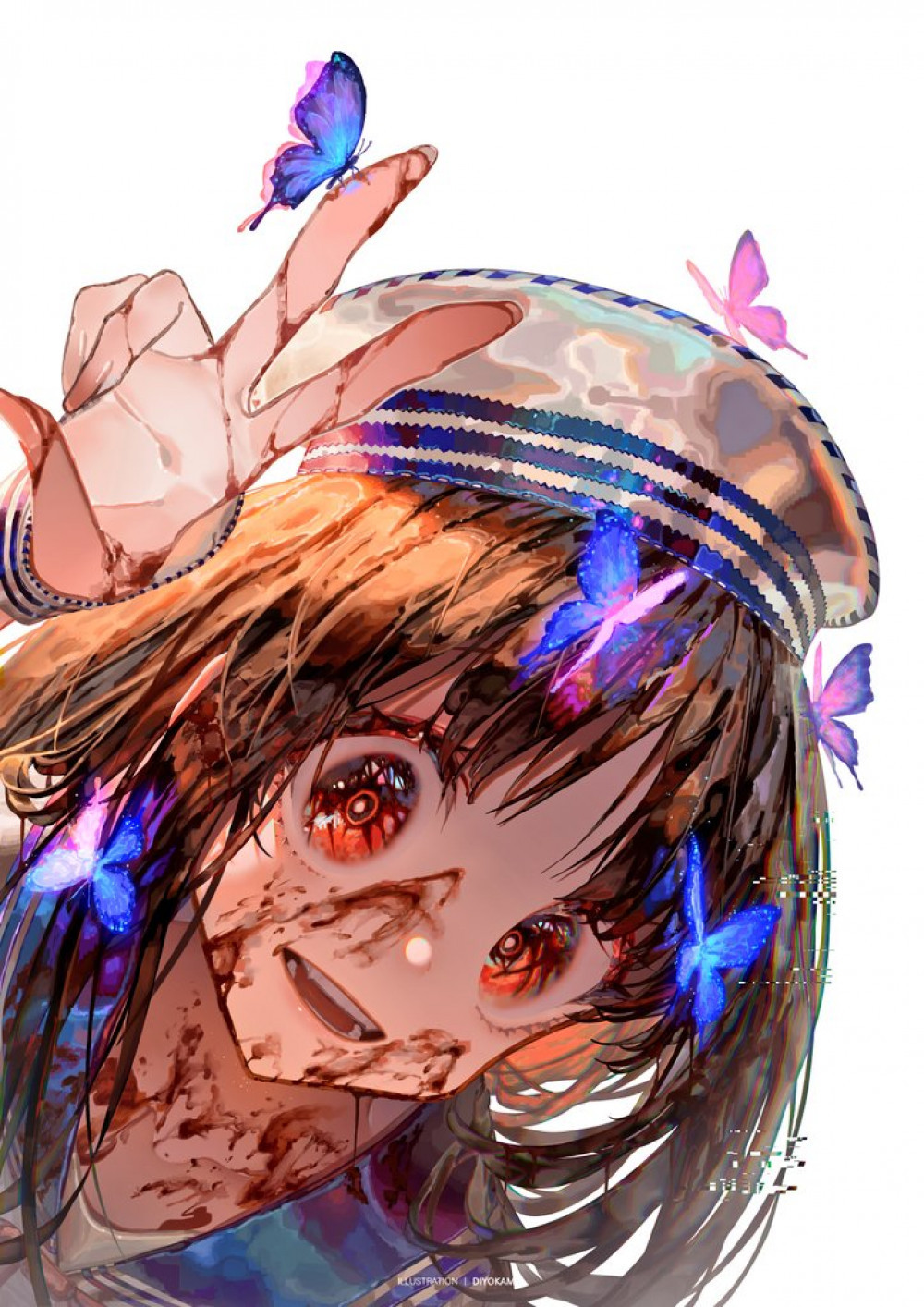 1girl blood blood_on_chest blood_on_face blood_on_hands brown_hair bug butterfly collarbone diyokama dutch_text glitch hat highres looking_at_viewer md5_mismatch open_mouth original portrait red_eyes resolution_mismatch sailor_collar sailor_hat school_uniform smile source_smaller teeth v