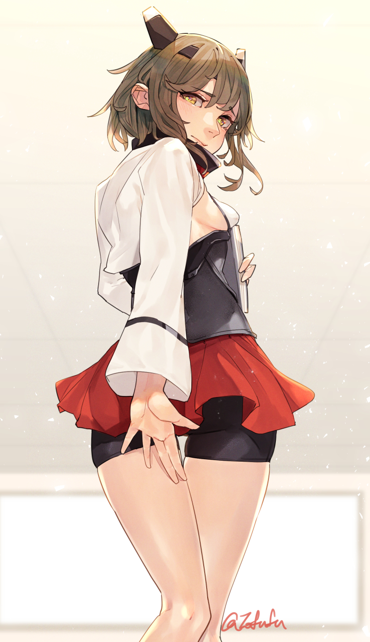 1girl bad_anatomy bike_shorts blush book breasts brown_eyes brown_hair covering_ass covering_privates cowboy_shot fuwafuwatoufu headband headgear highres kantai_collection long_sleeves looking_at_viewer pleated_skirt short_hair signature skirt small_breasts smile solo taihou_(kancolle) yellow_background