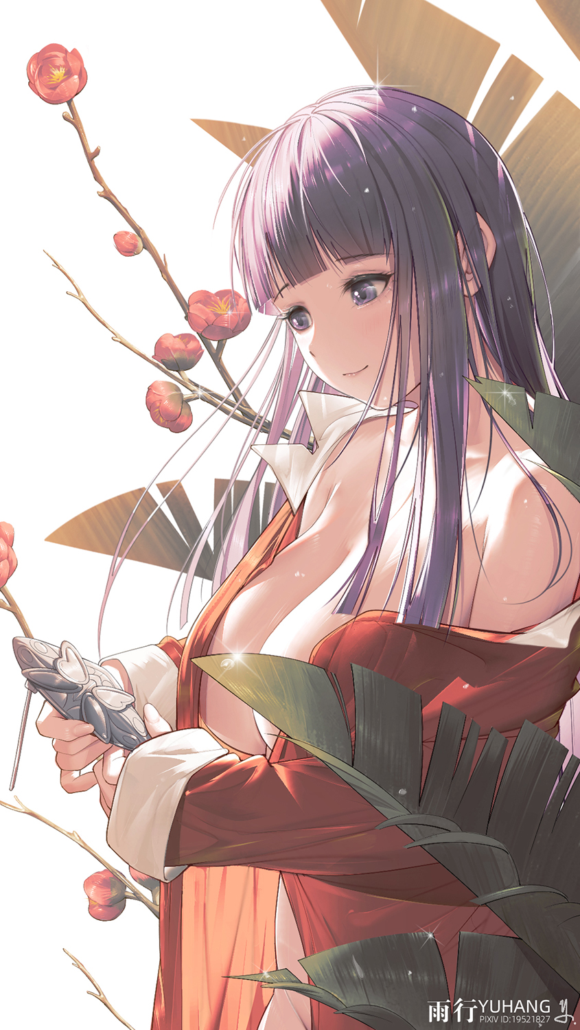 1girl artist_name banana_leaf blunt_bangs branch breasts cleavage closed_mouth coat commentary fern_(sousou_no_frieren) flower highres large_breasts leaf long_hair looking_at_object naked_coat off_shoulder open_clothes open_coat oversized_clothes pixiv_id plum_blossoms purple_eyes purple_hair red_coat red_flower solo sousou_no_frieren upper_body water_drop yuxing_yuhang
