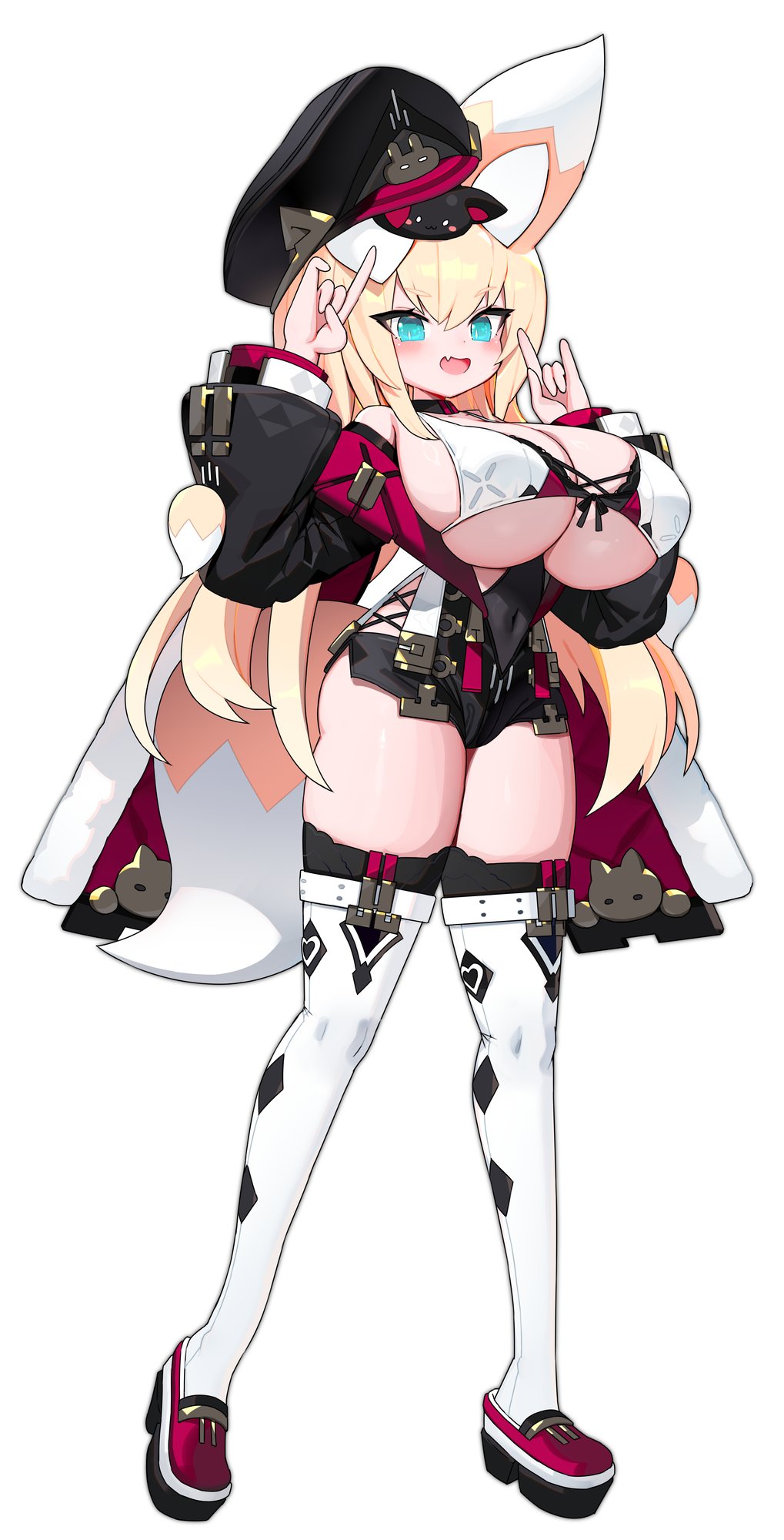 1girl animal_ears aqua_eyes black_hat black_jacket blonde_hair bra breasts breasts_out cape double_fox_shadow_puppet fang fox_ears fox_girl fox_shadow_puppet fox_tail full_body hair_between_eyes hat highres jacket large_breasts long_hair looking_at_viewer mamuru off_shoulder open_clothes open_mouth original red_cape red_footwear shoes simple_background skin_fang smile solo standing tail thighhighs thighs underwear very_long_hair white_background white_bra white_thighhighs
