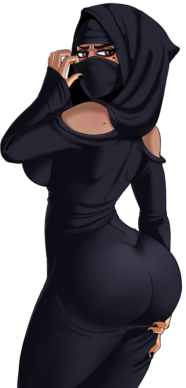 ass black_dress brown_eyes dark_skin dark_skinned_female dress dress_grab eyebrows highres hijab mole mole_on_shoulder mole_under_eye shadman sweat