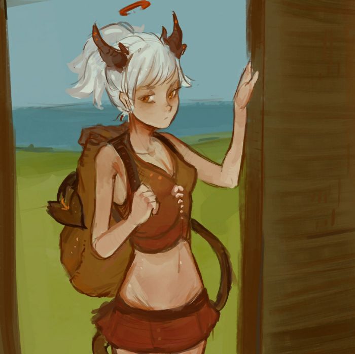 backpack bangs bottomwear breasts brown_eyes clothed clothing demon demon_humanoid door female grass hair halo horn humanoid looking_at_viewer miniskirt navel not_furry plant ponytail skirt small_breasts small_waist solo spade_tail standing syvaron white_hair