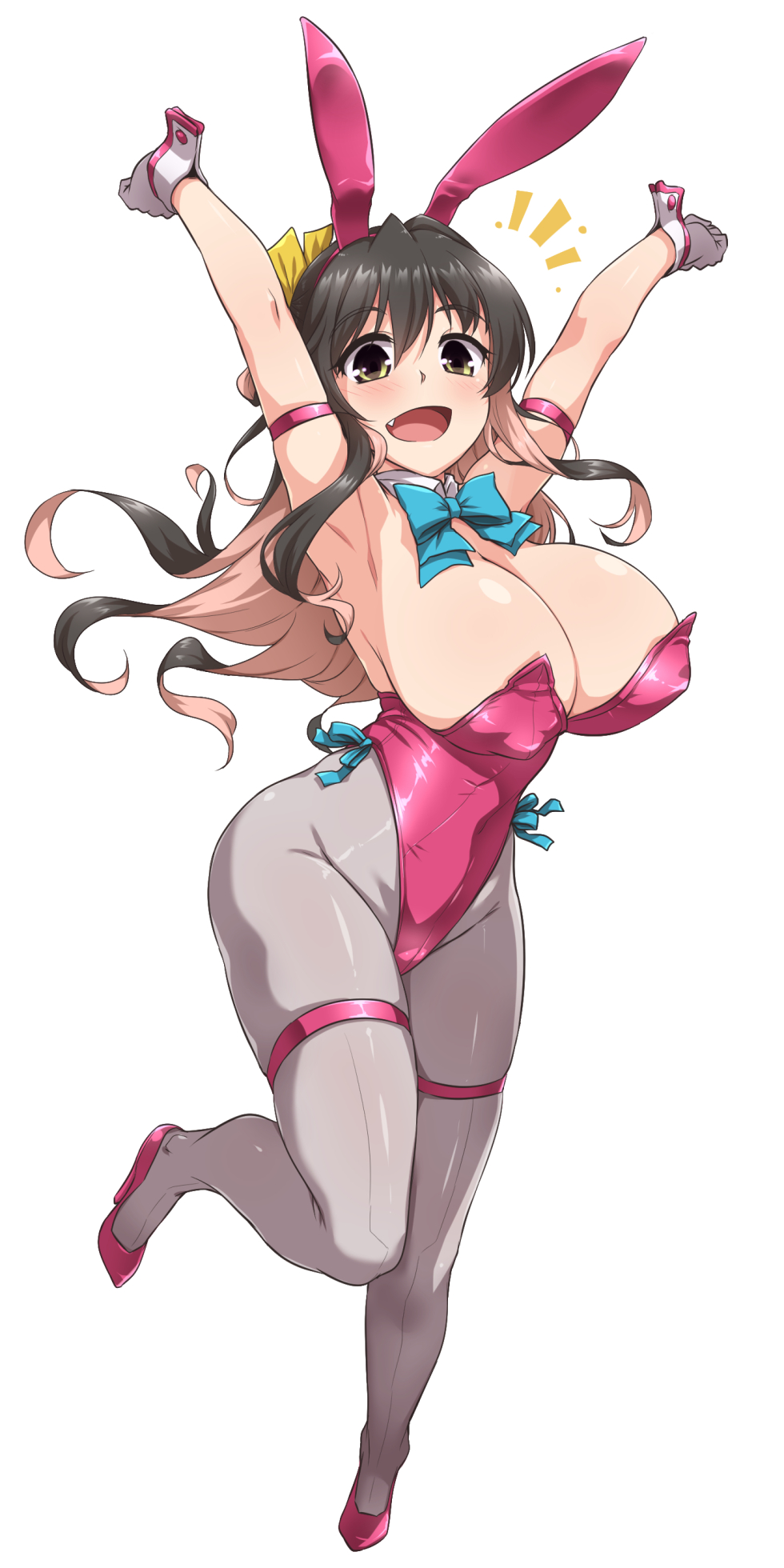 1girl alternate_costume animal_ears armpits arms_up bangs black_hair blue_neckwear blush bow bowtie breasts bunny_ears bunny_girl cleavage commentary_request covered_navel covered_nipples detached_collar fake_animal_ears fang full_body grey_legwear hair_between_eyes hair_ribbon highres kantai_collection large_breasts leotard long_hair looking_at_viewer multicolored_hair naganami_(kantai_collection) open_mouth pantyhose pink_footwear pink_hair pink_leotard playboy_bunny ribbon simple_background solo strapless strapless_leotard two-tone_hair wavy_hair white_background wrist_cuffs yellow_eyes yoshi_tama