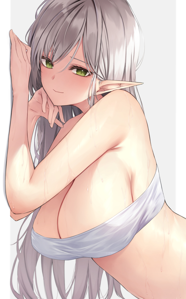 1girl against_wall anza_tomo bandeau bangs bare_shoulders blush breasts cleavage closed_mouth elf green_eyes grey_hair large_breasts long_hair looking_at_viewer navel original pointy_ears smile