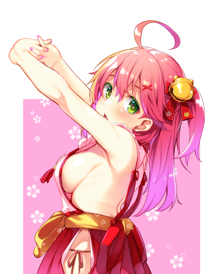 1girl :o ahoge arms_up bell breasts commentary_request dodome-iro_mayonnaise floral_background flower-shaped_pupils from_side green_eyes hair_bell hair_ornament hololive interlocked_fingers long_hair looking_at_viewer medium_breasts nail_polish nontraditional_miko one_side_up pink_background pink_hair pink_nails sakura_miko sideboob solo stretch two-tone_background upper_body virtual_youtuber white_background x_hair_ornament