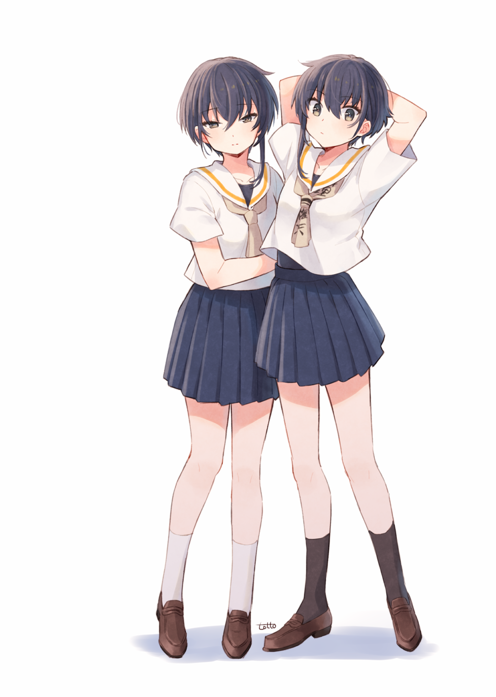 2girls adapted_costume arms_behind_head artist_name asymmetrical_hair black_hair black_legwear black_skirt blush brown_eyes brown_footwear closed_mouth clothes_writing eyebrows_visible_through_hair full_body grey_neckwear hair_between_eyes highres i-13_(kantai_collection) i-14_(kantai_collection) kantai_collection kneehighs loafers multiple_girls neckerchief pleated_skirt sailor_collar school_uniform serafuku shadow shoes short_hair short_sleeves signature simple_background skirt totto_(naka) white_background white_legwear white_sailor_collar