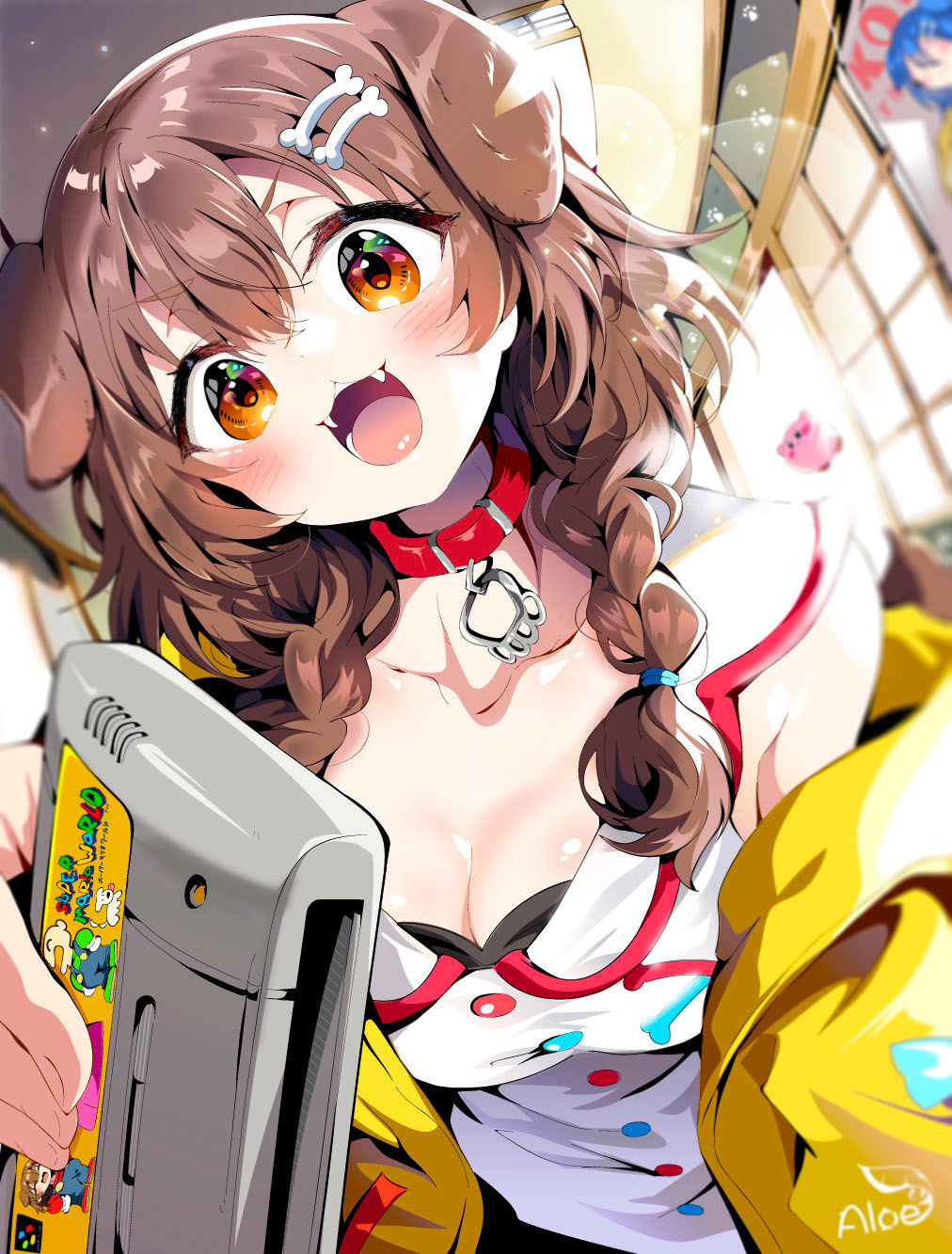 1girl aloe_(kenkou3733) animal_ears artist_name blurry blush bokeh bone_hair_ornament braid breasts brown_hair cleavage collar collarbone commentary cosplay depth_of_field dog_ears dress dutch_angle eyebrows_visible_through_hair fangs game_cartridge hair_between_eyes hair_ornament highres hololive hoso-inu indoors inugami_korone jacket kirby kirby_(series) listener_(inugami_korone) looking_at_viewer luigi luigi_(cosplay) mario mario_(cosplay) mario_(series) medium_breasts medium_hair off_shoulder open_clothes open_jacket open_mouth orange_eyes red_collar side_braids signature sleeveless sleeveless_dress sliding_doors smile solo sunlight super_mario_world twin_braids virtual_youtuber white_dress yellow_jacket