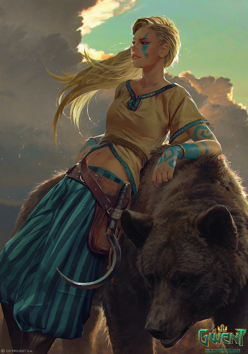 1girl akreon animal bear belt blonde_hair blue_pants blue_sky boots breasts brown_belt brown_footwear cloud collarbone collarless_shirt copyright_name cropped_shirt english_commentary facial_mark gedyneith_flaminica gwent_(game) highres leaning_back long_hair looking_away midriff navel official_art outdoors pants parted_lips shadow short_sleeves sickle sky smile solo standing stomach striped striped_pants sunlight the_witcher wind wristwear