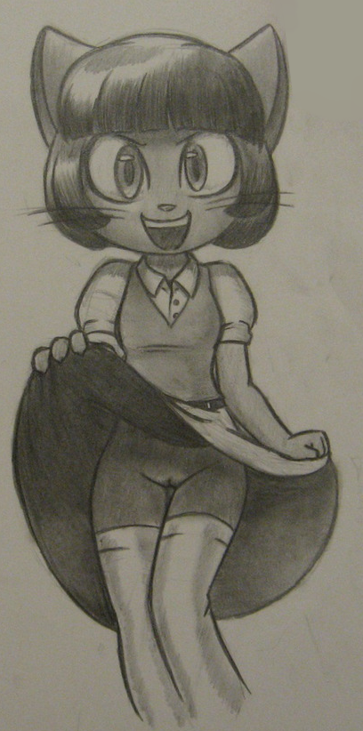 anthro bottomwear clothed clothing clothing_lift domestic_cat dress epilepticgerbil felid feline felis female genitals graphite_(artwork) ivy_pepper lackadaisy legwear mammal no_underwear partially_clothed pencil_(artwork) pussy skirt skirt_lift stockings traditional_media_(artwork) webcomic whiskers