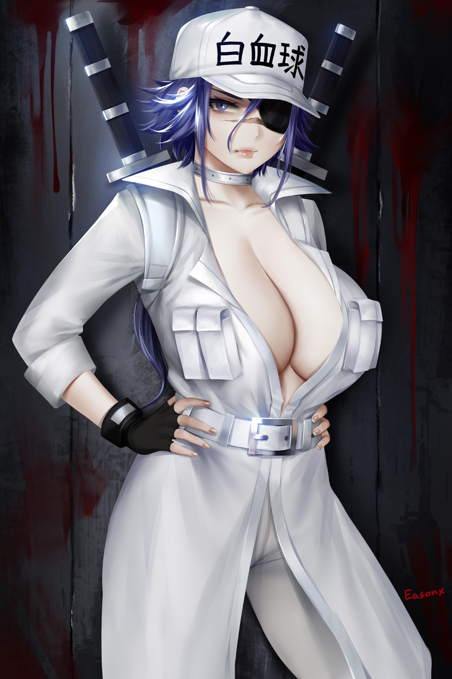 1girl baseball_cap belt black_gloves blue_hair breasts choker cleavage cowboy_shot easonx eyepatch fingerless_gloves gloves hands_on_hips hat hataraku_saibou hataraku_saibou_black highres large_breasts long_hair looking_at_viewer scar scar_on_face scar_on_nose solo sword weapon white_blood_cell_(hataraku_saibou) white_uniform