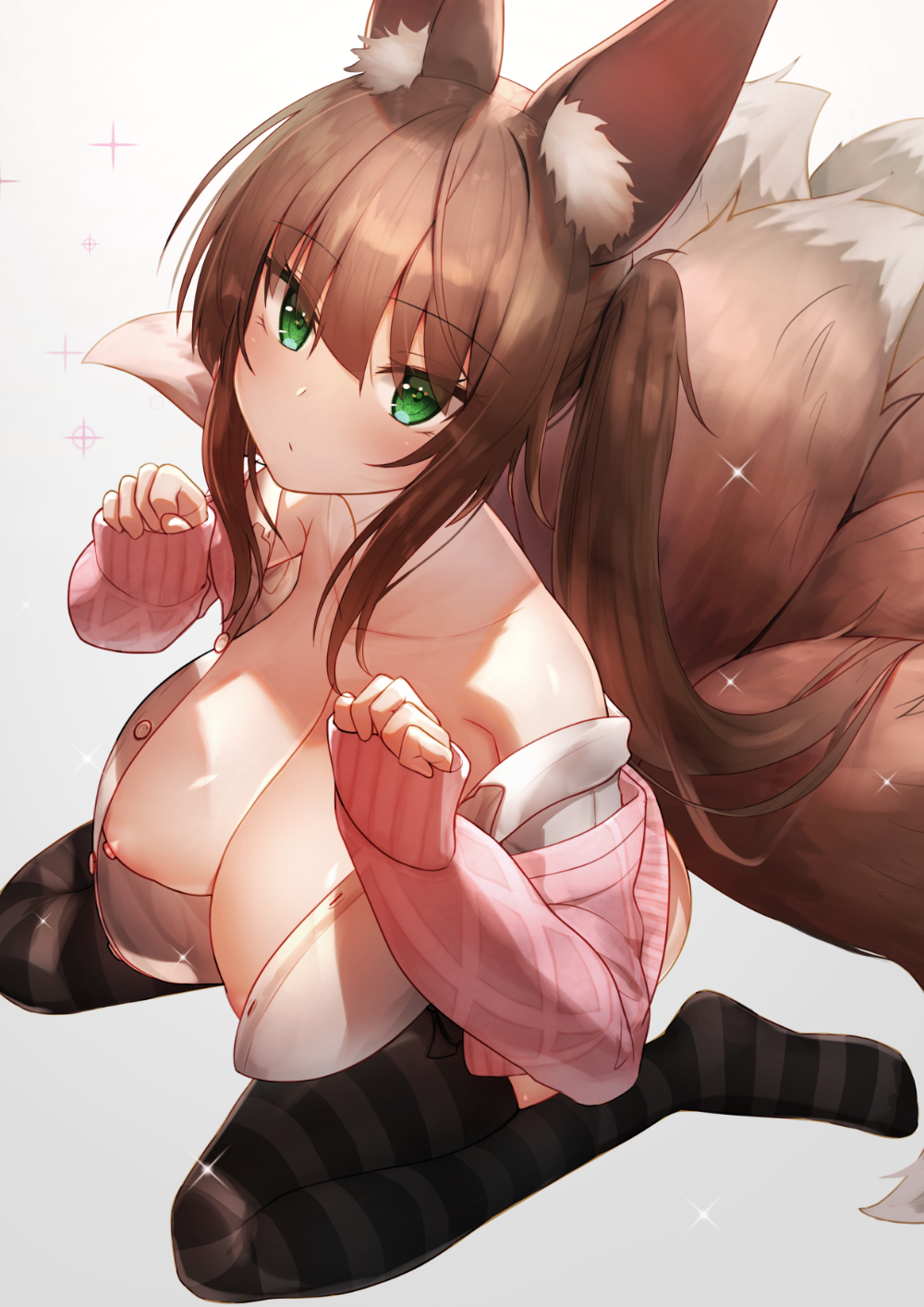 1girl animal_ear_fluff animal_ears bangs bare_shoulders black_legwear blush breasts brown_hair collarbone commission eyebrows_visible_through_hair from_above gradient gradient_background green_eyes grey_background highres large_breasts long_hair long_sleeves looking_at_viewer multiple_tails nipples original plushmallow shirt side_ponytail sitting skeb_commission solo striped striped_legwear tail thighhighs wariza west_24 white_shirt