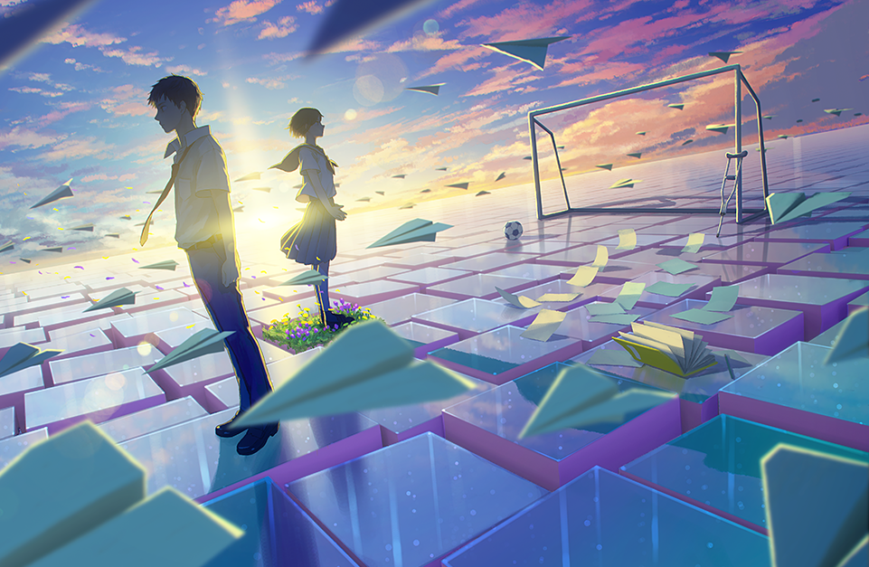 1boy 1girl backlighting ball blurry bokeh book cloud commentary crutch cube depth_of_field dutch_angle flower goal hiko_(scape) horizon lens_flare looking_away necktie original paper_airplane scenery school_uniform serafuku short_hair sky soccer_ball sunlight sunset surreal wind