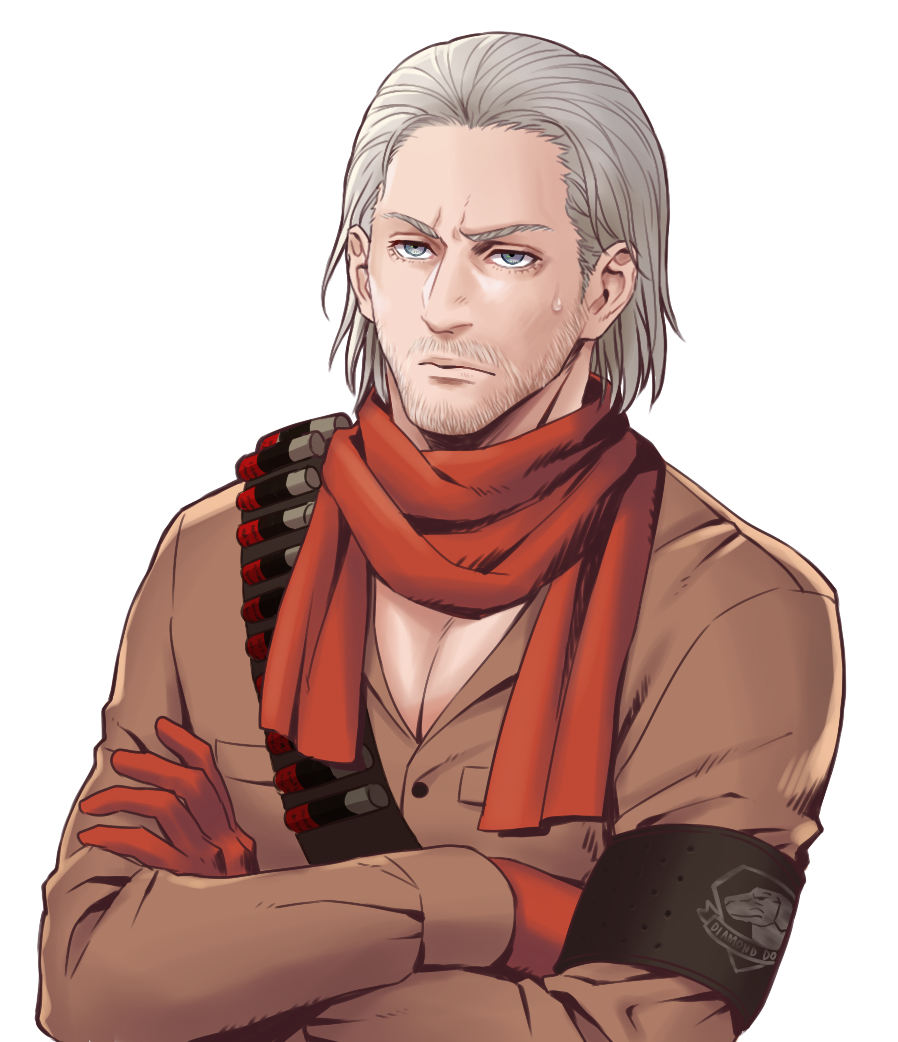 1boy armband bandolier beard blue_hair crossed_arms facial_hair furrowed_eyebrows gloves grey_hair lunarclinic male_focus metal_gear_(series) metal_gear_solid_v mullet partially_unbuttoned red_gloves red_scarf revolver_ocelot scarf simple_background solo sweat upper_body white_background