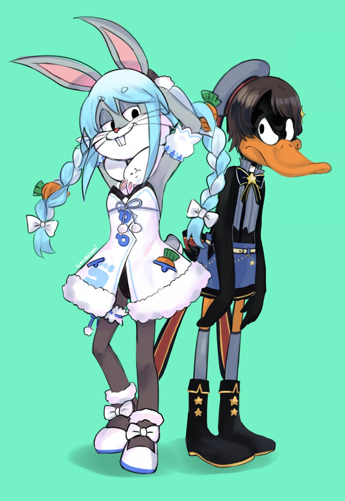 2boys bangs bare_arms bare_shoulders beret black_footwear black_hair black_leotard blue_hair blue_skirt boots bow braid buck_teeth bugs_bunny carrot carrot_hair_ornament closed_mouth cosplay crossdressing daffy_duck detached_sleeves don-chan_(usada_pekora) dress eyebrows_visible_through_hair food_themed_hair_ornament green_background grey_headwear grey_legwear grey_shirt hair_between_eyes hair_bow hair_ornament hat highres himuhino hololive leotard long_hair looking_at_viewer looney_tunes male_focus multicolored_hair multiple_boys oozora_subaru oozora_subaru_(cosplay) puffy_short_sleeves puffy_sleeves shadow shirt shoes short_eyebrows short_sleeves skirt sleeveless sleeveless_shirt smile standing strapless strapless_dress strapless_leotard thick_eyebrows thighhighs twin_braids twintails two-tone_hair usada_pekora usada_pekora_(cosplay) very_long_hair virtual_youtuber white_bow white_dress white_footwear white_hair white_sleeves