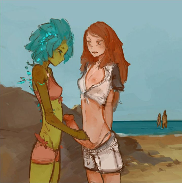 areola beach blue_eyes blue_hair bottomwear breasts brown_eyes celia_(portals_of_phereon) clothed clothing duo elemental_creature elemental_humanoid erection female flora_fauna flower flower_hair genitals green_body green_skin gynomorph gynomorph/female hair handjob hotpants humanoid intersex intersex/female long_hair navel nila_(portals_of_phereon) nipples not_furry open_clothing open_topwear outside panties penile penis plant plant_hair plant_humanoid portals_of_phereon pseudo_hair red_hair sand sea seaside sex short_hair shorts small_breasts small_waist standing syvaron thong topwear underwear v-cut water