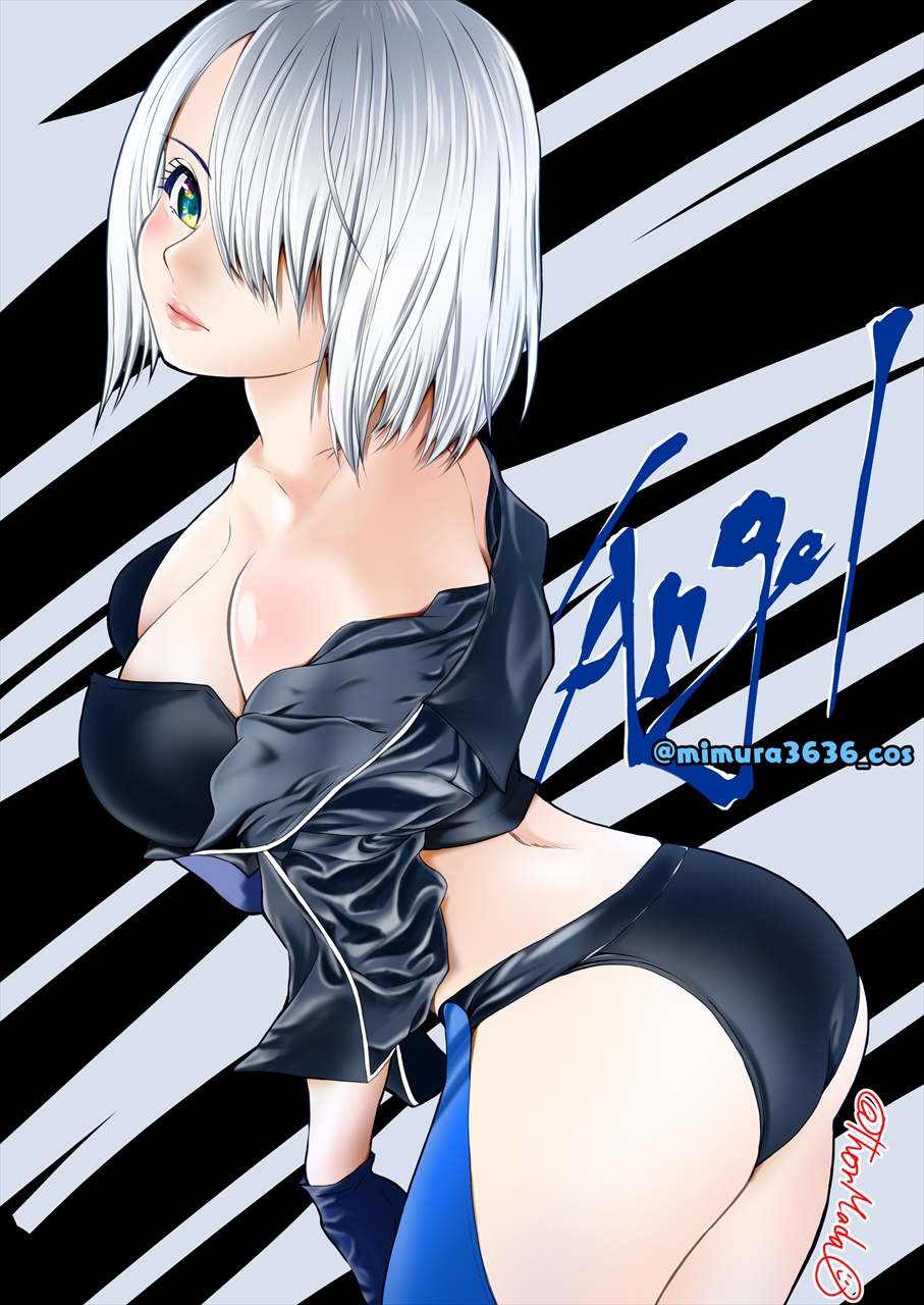 1girl angel_(kof) ass ass_focus back bangs bare_shoulders bent_over blue_eyes bra breasts chaps cropped_jacket hair_over_one_eye highres jacket k.m.station leather leather_jacket looking_at_viewer looking_back mexican panties short_hair sideboob snk solo strapless strapless_bra the_king_of_fighters the_king_of_fighters_2001 the_king_of_fighters_xiv thighs underwear white_hair