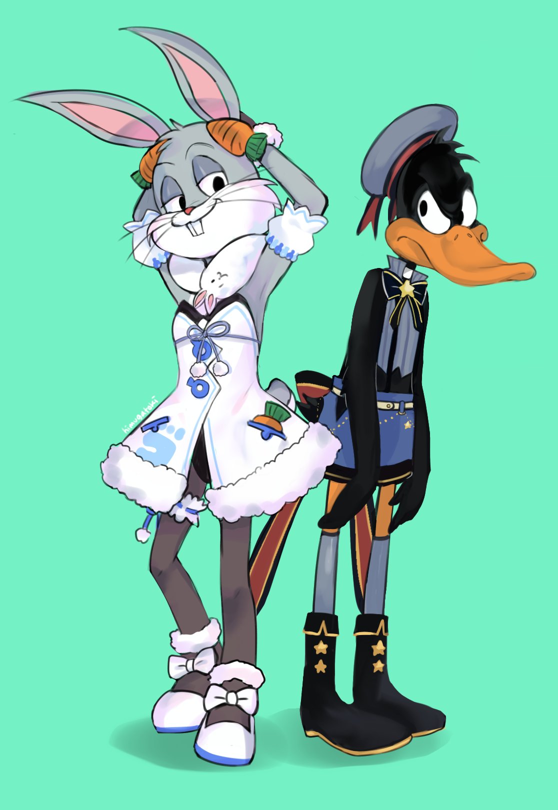 2boys bare_arms bare_shoulders beret black_footwear black_leotard blue_skirt boots buck_teeth bugs_bunny carrot closed_mouth commentary cosplay crossdressing daffy_duck detached_sleeves don-chan_(usada_pekora) dress english_commentary green_background grey_headwear grey_legwear grey_shirt hat highres himuhino hololive leotard looking_at_viewer looney_tunes male_focus multiple_boys oozora_subaru oozora_subaru_(cosplay) puffy_short_sleeves puffy_sleeves shadow shirt shoes short_sleeves skirt sleeveless sleeveless_shirt smile standing strapless strapless_dress strapless_leotard thighhighs usada_pekora usada_pekora_(cosplay) virtual_youtuber white_dress white_footwear white_sleeves
