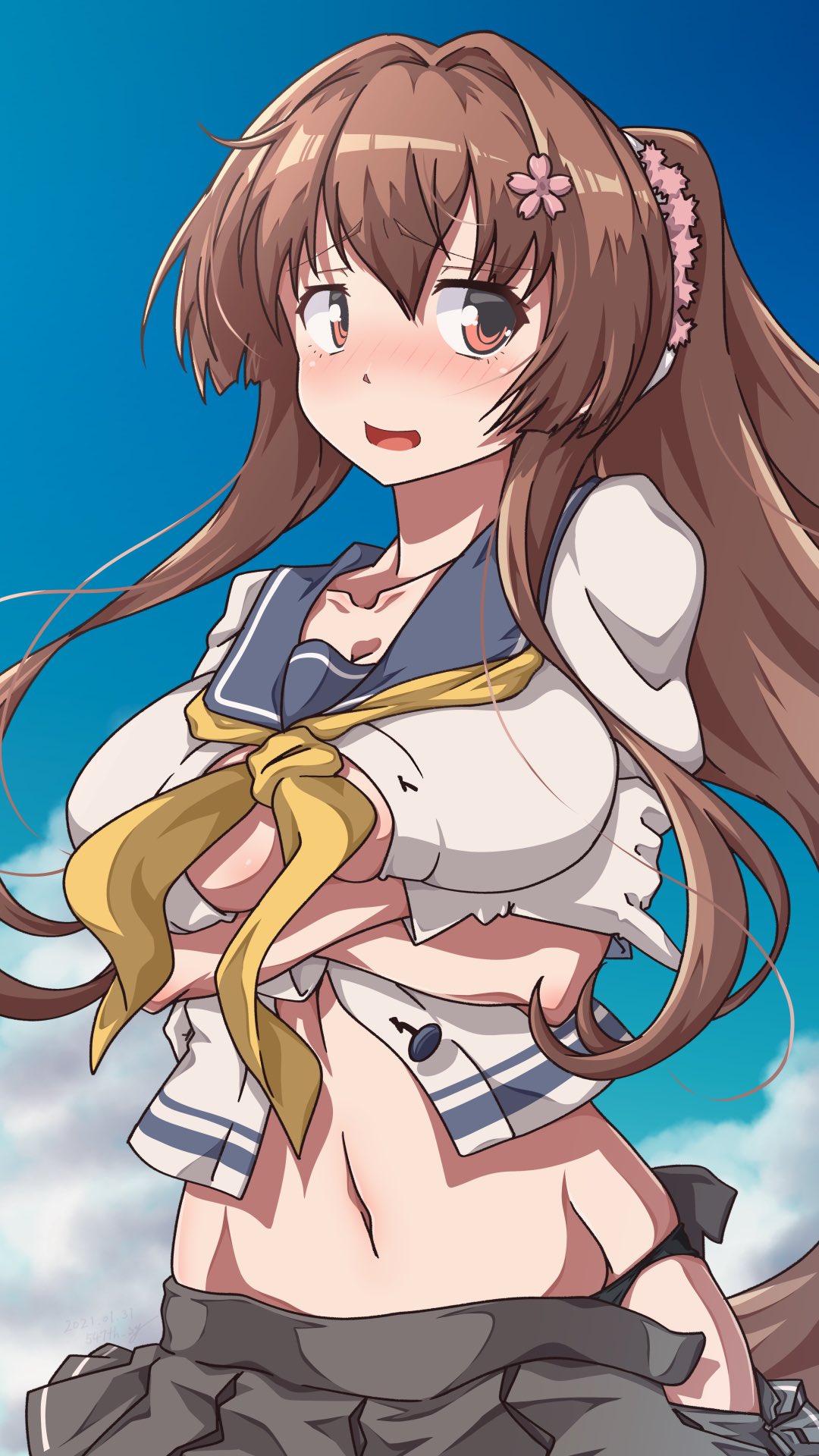1girl 547th_sy arms_under_breasts bangs black_panties blue_sailor_collar blush breasts brown_eyes brown_hair cloud cosplay crossed_arms day eyebrows_visible_through_hair flower grey_skirt hair_flower hair_ornament highres kagerou_(kancolle) kagerou_(kancolle)_(cosplay) kantai_collection large_breasts long_hair navel neckerchief open_mouth outdoors panties ponytail sailor_collar school_uniform serafuku short_sleeves skirt sky solo torn_clothes underwear yamato_(kantai_collection) yellow_neckwear