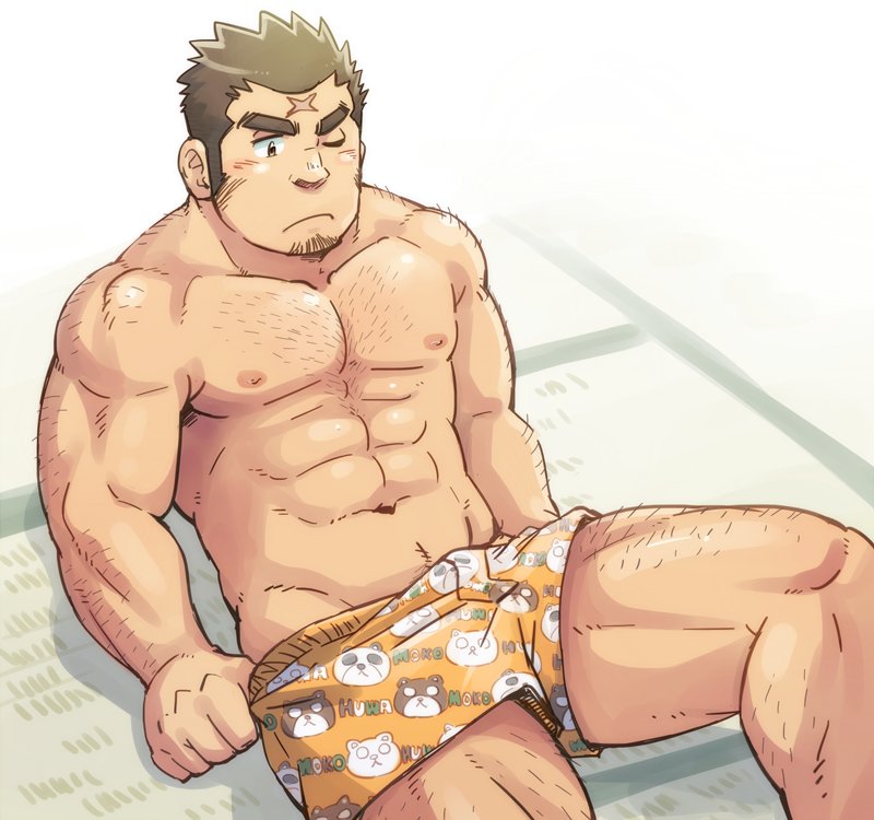 1boy abs arm_hair bara blush boxers brown_hair bulge chest_hair facial_hair feet_out_of_frame hairy large_pectorals leg_hair male_focus male_underwear muscular muscular_male navel navel_hair nipples one_eye_closed oniwaka_(tokyo_houkago_summoners) orange_male_underwear pulled_by_self scar_on_forehead short_hair sideburns sitting solo spiked_hair stomach stubble suv thick_eyebrows thick_thighs thighs tokyo_houkago_summoners underwear underwear_only underwear_pull undressing