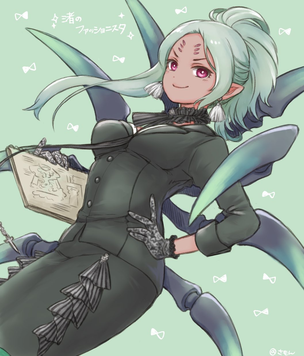 1girl arachne_(tokyo_houkago_summoners) arthropod_legs asymmetrical_hair blue_background bright_pupils choker dark_elf dark_skin dark_skinned_female earrings elf extra_eyes frilled_choker frills gloves hand_on_hip highres holding holding_notebook insect_girl jewelry light_green_hair long_hair long_sleeves looking_at_viewer notebook pencil_skirt pointy_ears ponytail simple_background skirt smile solo spider_girl summon_lw tokyo_houkago_summoners white_pupils