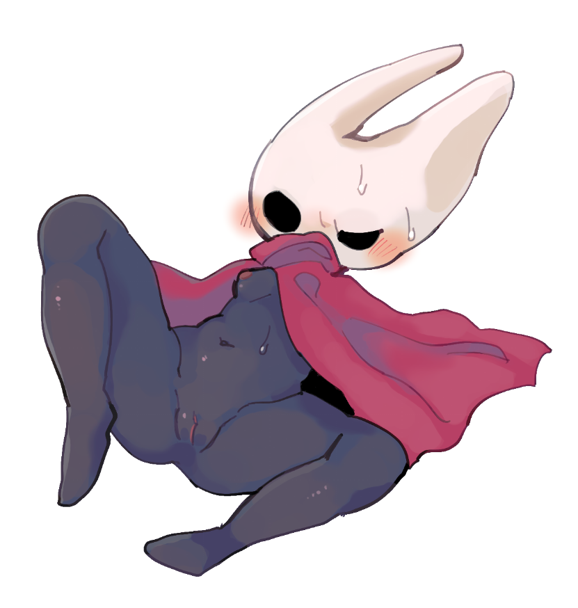 blush bodily_fluids breasts female genitals hollow_knight hornet_(hollow_knight) humanoid lying mostly_nude navel nipples on_back pussy simple_background solo spread_legs spreading star-rod sweat sweatdrop team_cherry video_games white_background