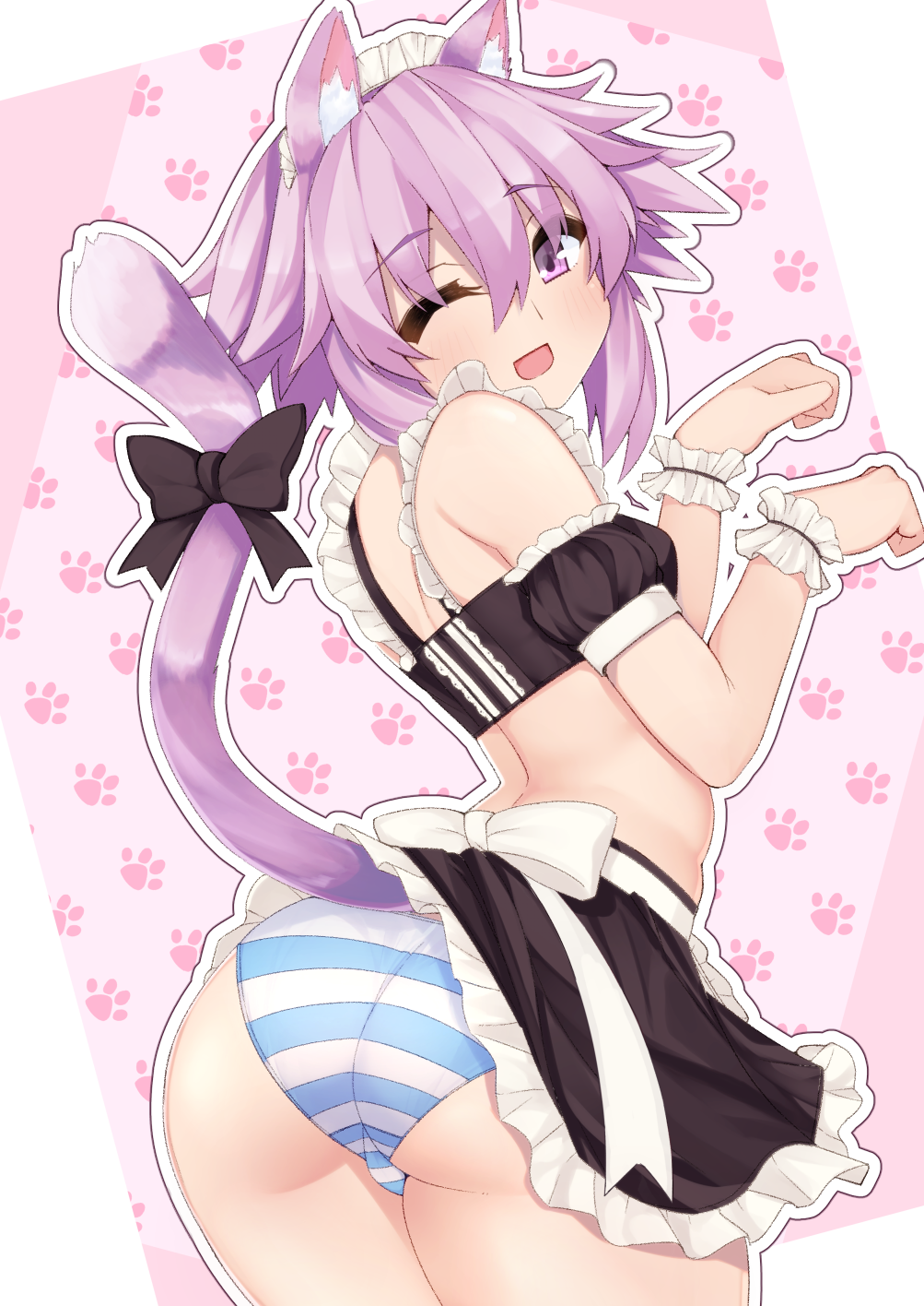 animal_humanoid big_butt black_ribbon blue_and_white_striped_panties blush bottomwear butt cat_humanoid clothed clothing clothing_lift dura eyebrow_through_hair eyebrows eyelashes_visible_through_hair felid felid_humanoid feline feline_humanoid fingers fur hair hi_res humanoid hyperdimension_neptunia looking_at_viewer looking_back maid_headdress maid_uniform male mammal mammal_humanoid neptune_(neptunia) one_eye_closed open_mouth panties pattern_bottomwear pattern_clothing pattern_panties pattern_underwear paw_pose pink_background pose purple_body purple_eyebrows purple_eyes purple_fur purple_hair short_hair simple_background skirt skirt_lift striped_bottomwear striped_clothing striped_panties striped_underwear stripes thick_thighs translucent translucent_hair underwear uniform upskirt white_ribbon