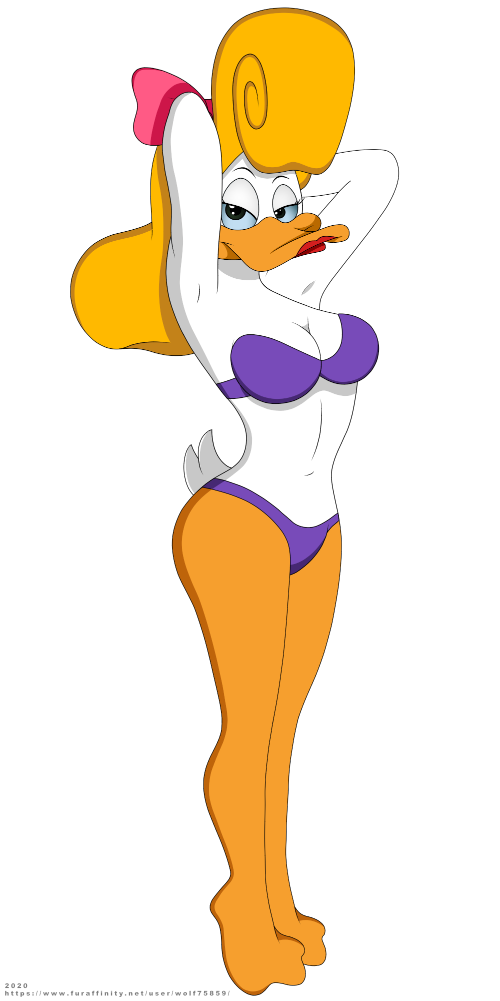 1:2 accessory alpha_channel anatid anseriform anthro avian bird bra clothing duck female hair_accessory hair_bow hair_ribbon hands_behind_head hi_res lipstick looking_at_viewer makeup pinup_pose purple_clothing purple_underwear ribbons shaded shirley_the_loon simple_background solo subarashi text tiny_toon_adventures transparent_background underwear url warner_brothers