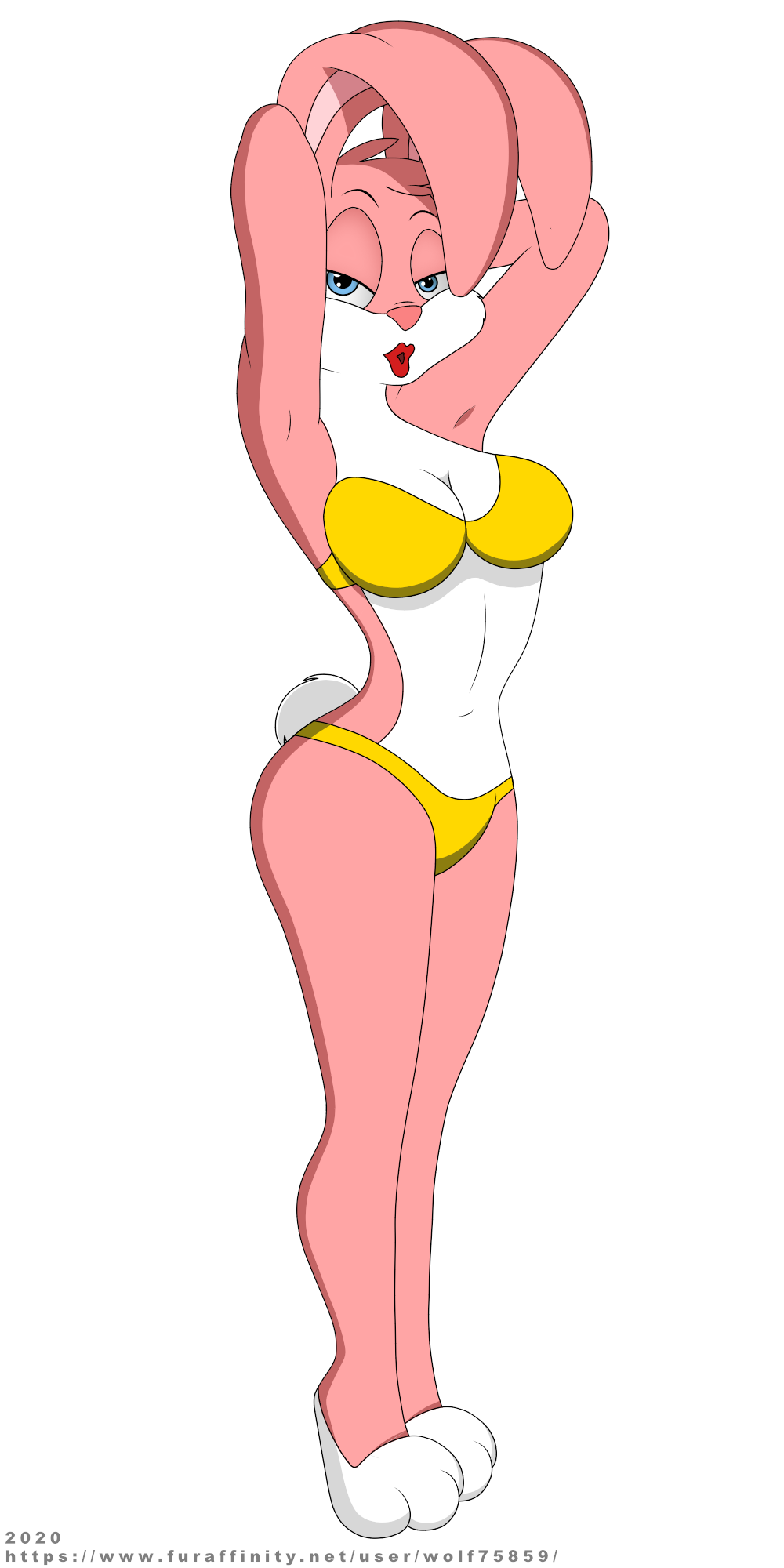 1:2 alpha_channel anthro babs_bunny bra clothing ears_down female hands_behind_head hi_res lagomorph leporid lipstick looking_at_viewer makeup mammal pinup_pose pivoted_ears rabbit shaded simple_background solo subarashi text tiny_toon_adventures transparent_background underwear url warner_brothers yellow_clothing yellow_underwear