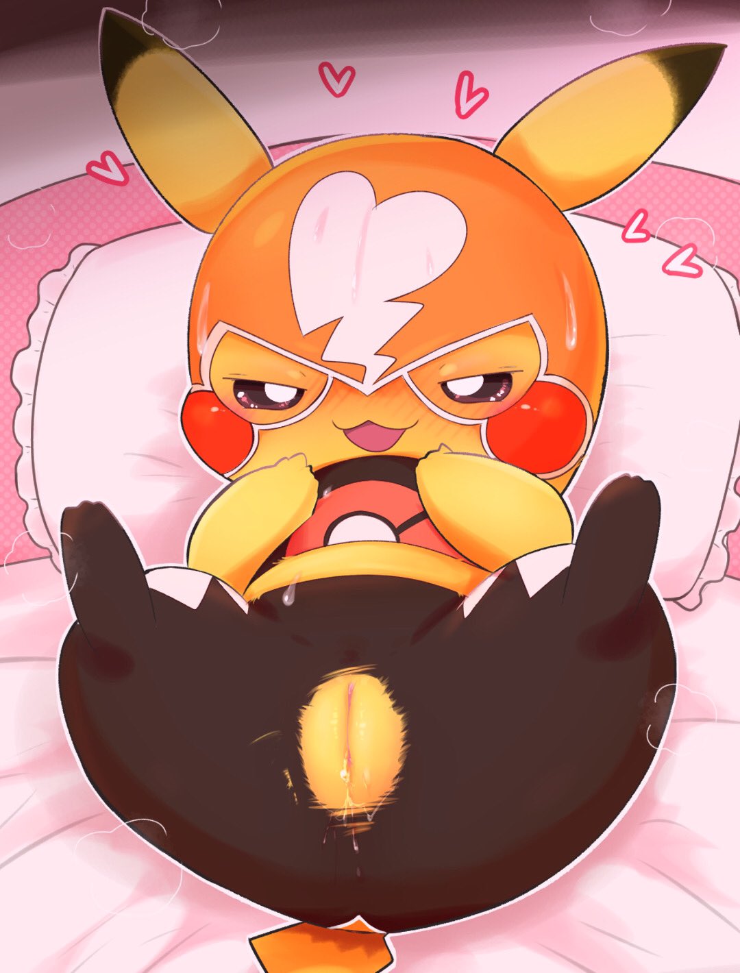 &lt;3 2020 badwingm bed bedding bedroom_eyes black_bottomwear black_clothing black_topwear blush blush_lines bodily_fluids bottomwear brown_eyes clothed clothed_feral clothing colored cosplay_pikachu_(costume) digital_media_(artwork) dripping female feral front_view full-length_portrait fur furniture genital_fluids genitals hi_res in_heat iris legs_up light lighting looking_at_viewer lying mask musk narrowed_eyes nintendo no_sclera on_back on_bed open_mouth open_smile outline pikachu pikachu_libre pillow pink_background pink_pussy pok&eacute;ball pok&eacute;ball_clothing pok&eacute;mon pok&eacute;mon_(species) portrait presenting presenting_pussy pupils pussy pussy_juice pussy_juice_drip seductive semi-anthro simple_background smile solo sports_mask sportswear sweat topwear torn_bottomwear torn_clothing video_games white_outline white_pupils wrestling_mask yellow_body yellow_ears yellow_fur yellow_tail