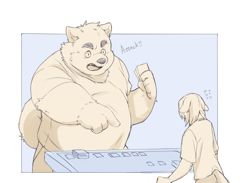 2021 4:3 anthro belly bottomwear canid canine canis card card_game clothing domestic_dog duo gaming humanoid_hands inunoshippo kemono male mammal overweight overweight_male pants shirt text topwear