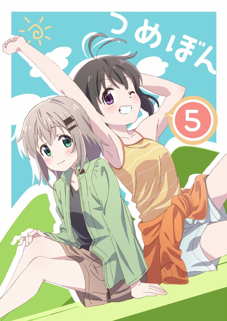 2girls ;) antenna_hair arm_behind_head arm_support arm_up armpits bangs bare_arms bare_shoulders black_hair black_shirt blue_sky blush brown_shorts casual clenched_hand closed_mouth clothes_around_waist cloud collarbone commentary_request eyebrows_visible_through_hair feet_out_of_frame green_eyes green_jacket grin hair_ornament hairclip happy jacket kaaaaaappe kuraue_hinata light_brown_hair long_sleeves looking_at_viewer mountain multiple_girls number one_eye_closed open_clothes open_jacket orange_sweater outstretched_arm purple_eyes shirt short_hair shorts sitting sky sleeveless sleeveless_shirt smile spaghetti_strap speech_bubble spoken_number stretch striped striped_shirt sun_(symbol) sweater sweater_around_waist teeth translation_request white_shorts yama_no_susume yellow_shirt yukimura_aoi