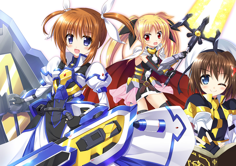 3girls ;) armor armored_dress bardiche beret black_dress black_gloves black_ribbon blue_eyes cape commentary_request dress endori fingerless_gloves fortress_(nanoha) gauntlets gloves hair_ornament hair_ribbon hat holding holding_weapon jacket juliet_sleeves long_dress long_hair long_sleeves looking_at_viewer lyrical_nanoha magical_girl mahou_shoujo_lyrical_nanoha mahou_shoujo_lyrical_nanoha_reflection multiple_girls one_eye_closed open_mouth partial_commentary puffy_sleeves purple_eyes red_cape ribbon short_dress short_hair sidelocks simple_background sleeveless sleeveless_dress smile standing strike_cannon takamachi_nanoha tome_of_the_night_sky twintails two-sided_cape two-sided_fabric weapon white_background white_cape white_dress white_headwear white_jacket white_ribbon x_hair_ornament yagami_hayate