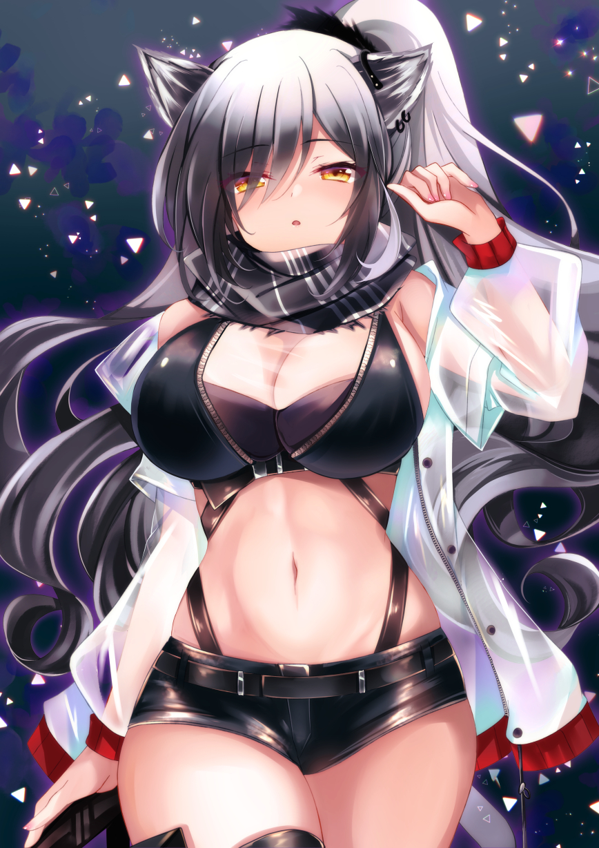 1girl animal_ears arknights bare_shoulders black_shirt black_shorts breasts cat_ears cat_girl cleavage cowboy_shot crop_top grey_hair hand_up highres ichiyou_moka jacket large_breasts long_hair long_sleeves looking_at_viewer micro_shorts midriff navel off_shoulder open_clothes open_jacket parted_lips ponytail scarf schwarz_(arknights) see-through shirt short_shorts shorts sleeveless sleeveless_shirt solo stomach thighhighs thighs white_jacket yellow_eyes