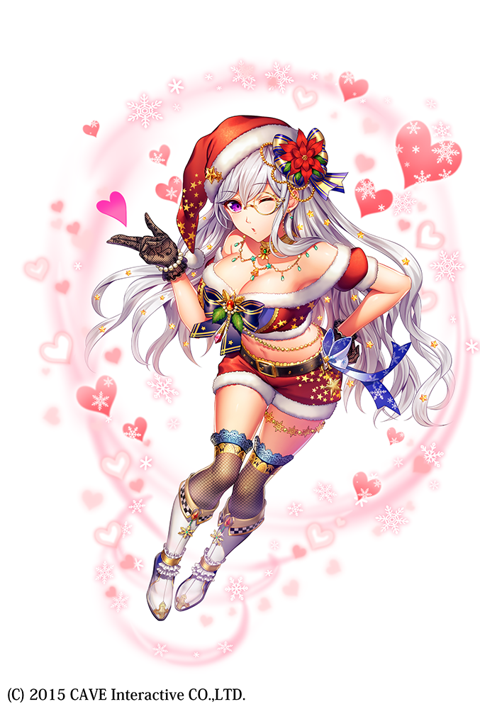 1girl armpit_peek bare_shoulders belt black_gloves blown_kiss blue_bow boots bow bracelet breasts christmas cleavage commentary_request company_name eyebrows_visible_through_hair fishnet_legwear fishnets flower frilled_footwear frills full_body fur-trimmed_headwear fur_trim gloves gothic_wa_mahou_otome hair_bow hand_on_hip hat heart jewelry lace lace_gloves long_hair looking_at_viewer midriff milcho monocle navel neck_ring off_shoulder official_art one_eye_closed over-kneehighs pearl_bracelet poinsettia purple_eyes red_flower red_headwear red_shorts santa_costume santa_hat shorts snowflakes solo striped striped_bow thighhighs thighlet ulster_(gothic_wa_mahou_otome) watermark wavy_hair white_background white_footwear white_hair