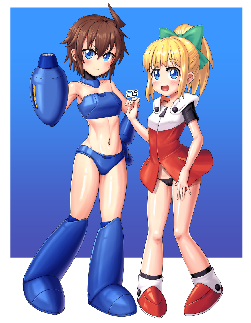 2girls :d ahoge ankle_boots arm_cannon armored_boots artist_name bangs bikini black_panties blonde_hair blue_background blue_bikini blue_eyes blue_flower blush boots breasts brown_hair closed_mouth collarbone dress els_(ljhlee12) eyebrows_visible_through_hair flower full_body genderswap genderswap_(mtf) green_ribbon hair_between_eyes hair_ribbon hand_on_hip hand_up long_hair looking_at_viewer multiple_girls navel no_bodysuit no_headwear no_helmet open_mouth panties ponytail red_dress red_footwear ribbon rockman rockman_(character) rockman_(classic) roll_(rockman) short_hair short_sleeves sidelocks simple_background small_breasts smile standing strapless swimsuit tubetop underwear weapon
