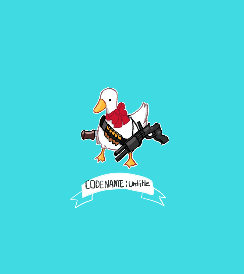 aqua_background bird bow bullet character_name commentary english_text gon_(imrower) goose goose_(untitled_goose_game) gun holding holding_knife knife no_humans red_bow red_neckwear simple_background solo standing untitled_goose_game weapon weapon_request