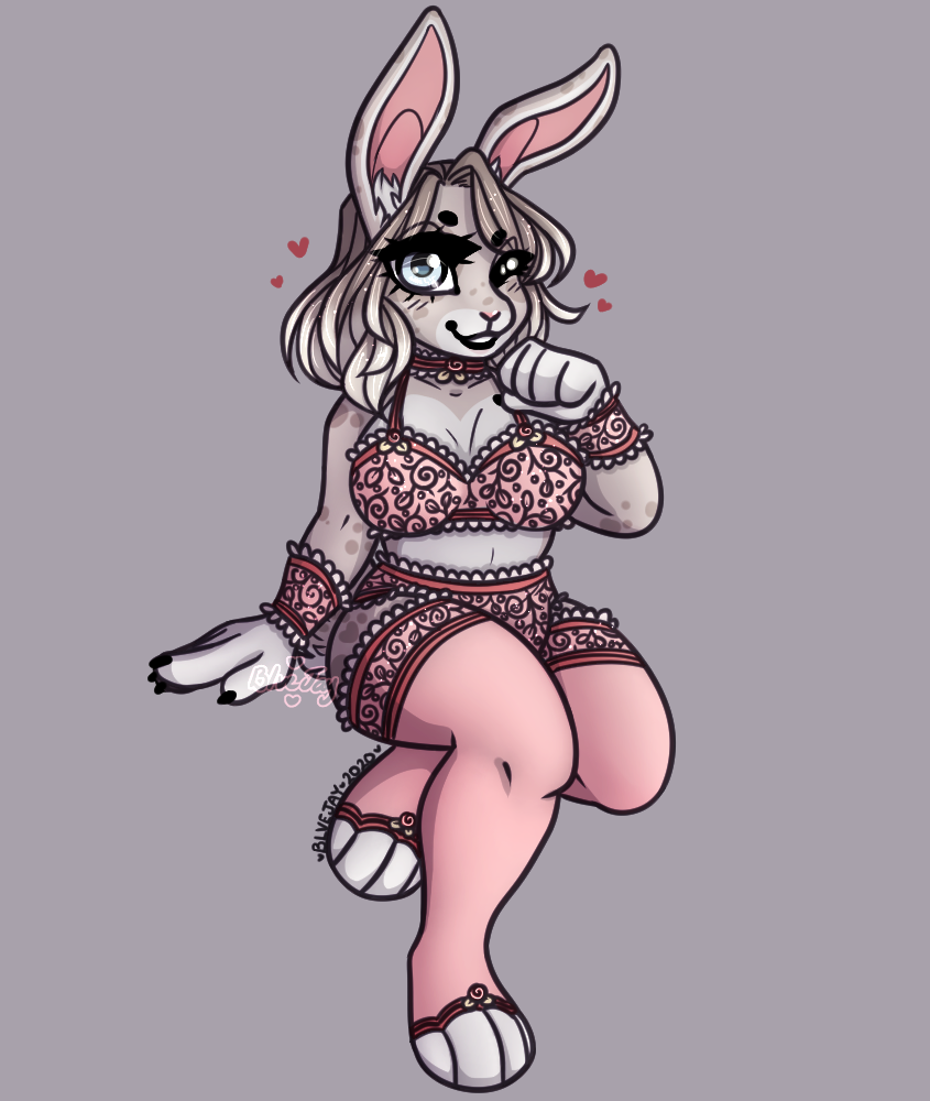 anthro blush blvejay bra clothed clothing collar cuffs_(disambiguation) detailed female fully_clothed hair happy lagomorph legwear leporid lingerie long_hair looking_at_viewer mammal one_eye_closed pinup pose rabbit simple_background sitting smile solo stockings underwear wink
