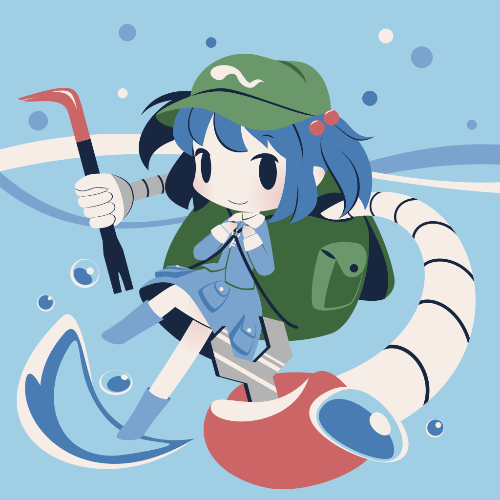 1girl backpack bag blue_footwear blue_hair blue_shirt blue_skirt boots chibi cobalta collar crowbar green_headwear hair_bobbles hair_ornament hat kawashiro_nitori key mechanical_arms shirt short_hair skirt touhou two_side_up water water_drop white_collar wrench