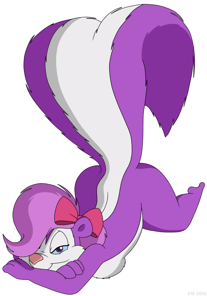 all_fours alpha_channel anthro bow_tie female fifi_la_fume hair hair_over_eye looking_at_viewer mammal mephitid one_eye_obstructed pinup_pose raised_tail shaded simple_background skunk solo subarashi tiny_toon_adventures transparent_background warner_brothers