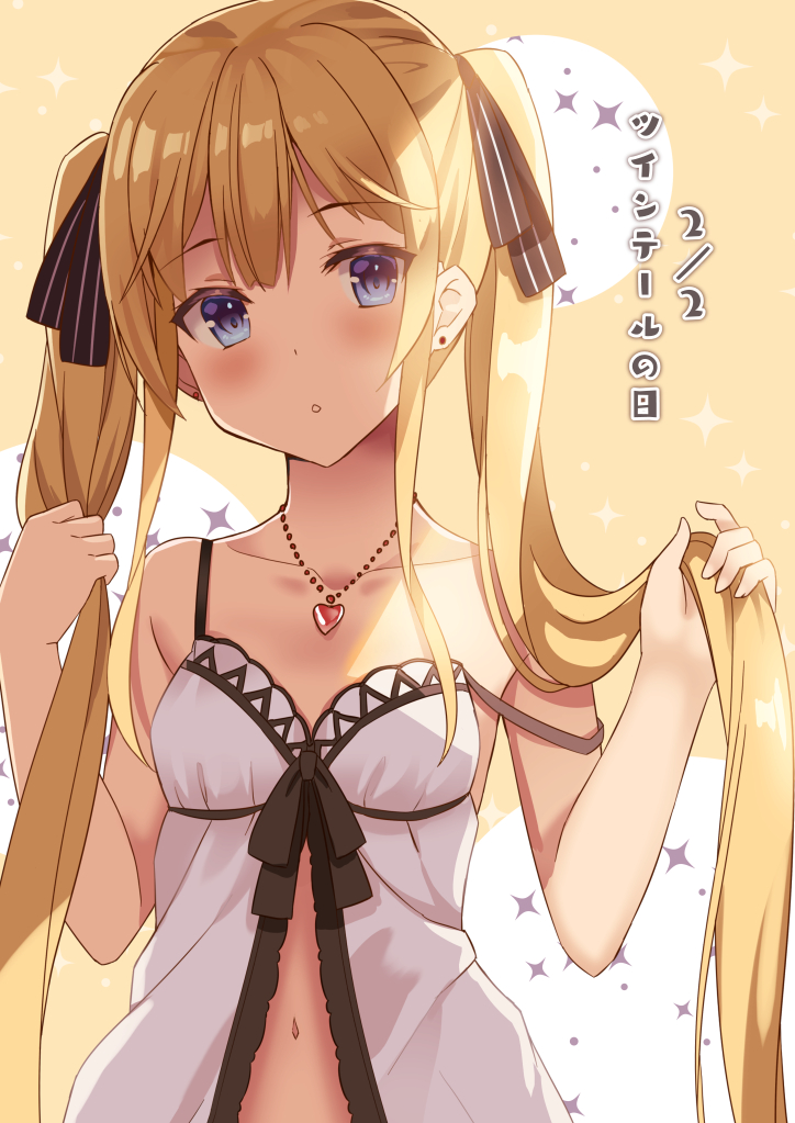 1girl :o babydoll bangs bare_arms bare_shoulders black_bow blonde_hair blue_eyes blush bow breasts brown_background commentary_request earrings eyebrows_visible_through_hair hair_bow hands_up heart heart_necklace holding holding_hair jewelry long_hair looking_at_viewer navel original parted_lips small_breasts solo sparkle strap_slip striped striped_bow stud_earrings translation_request twintails two-tone_background very_long_hair white_background yuuki_yuu