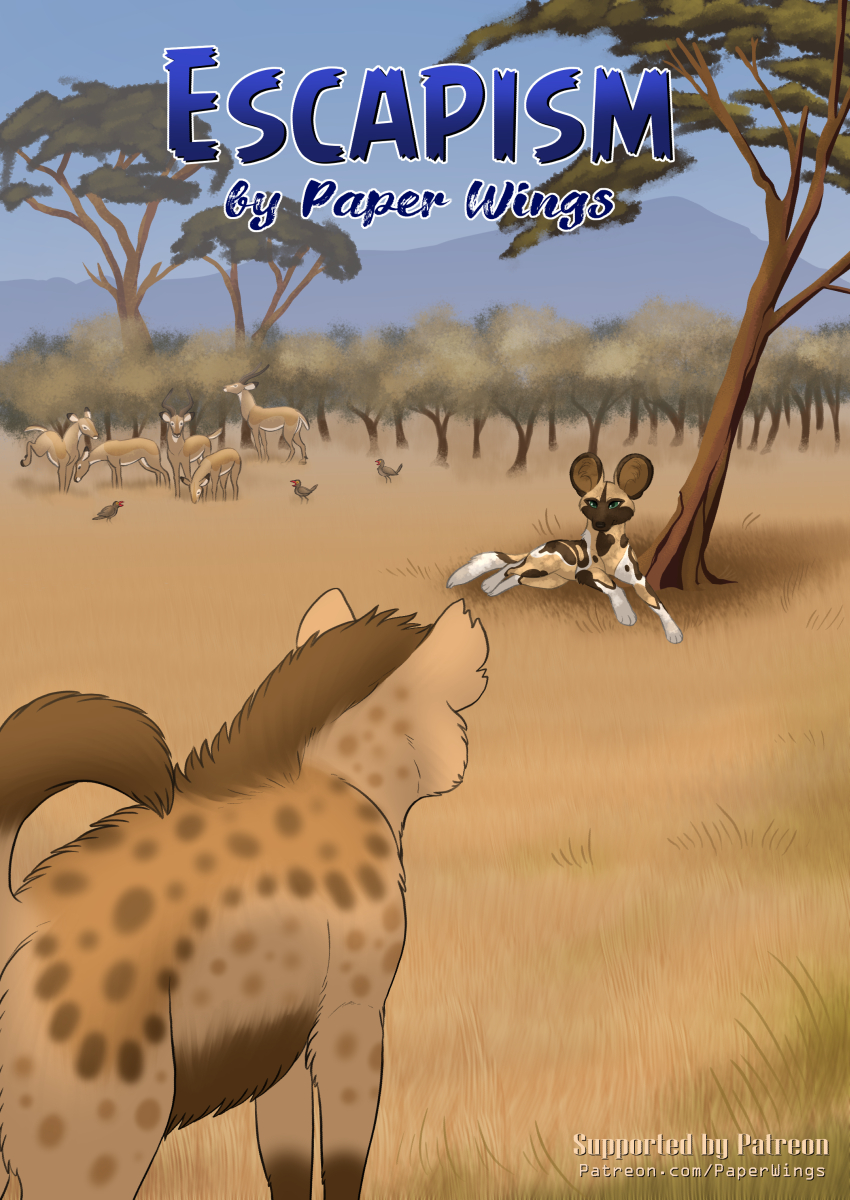 african_wild_dog ambiguous_gender antelope avian bovid brown_body brown_fur canid canine comic cover cover_art cover_page duo duo_focus female_(lore) feral fur gazelle grass group hi_res hyaenid mammal outside paper-wings patreon plant spots spotted_body spotted_fur spotted_hyena tan_body tan_fur tree white_body white_fur