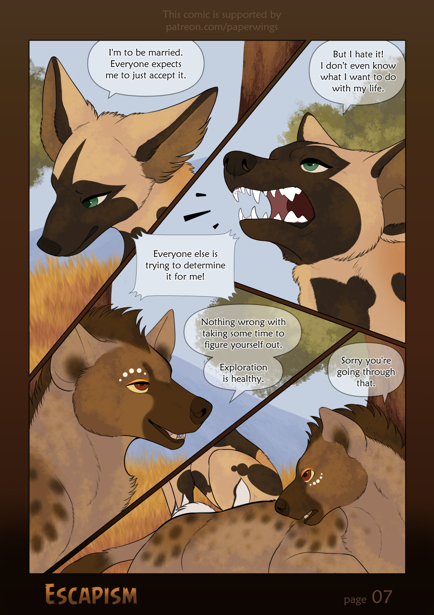 african_wild_dog ambiguous_gender angry brown_body brown_fur canid canine comic dialogue duo english_text facial_markings female_(lore) feral fur grass green_eyes head_markings hi_res hyaenid mammal markings outside paper-wings plant red_eyes spots spotted_body spotted_fur spotted_hyena tan_body tan_fur text tree white_body white_fur