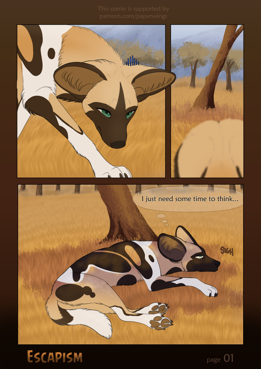 african_wild_dog ambiguous_gender brown_body brown_fur canid canine comic english_text female_(lore) feral fur grass green_eyes hi_res lying mammal outside paper-wings plant solo spots spotted_body spotted_fur tan_body tan_fur text thought_bubble white_body white_fur