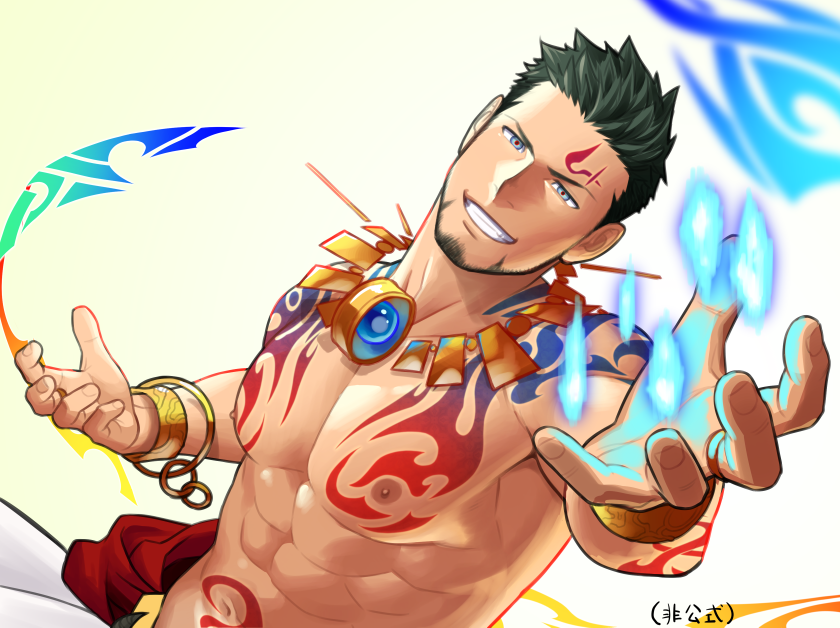 1boy abs bara beard black_hair blue_fire facial_hair fire gyee itto_(mentaiko) jewelry large_pectorals looking_at_viewer magic male_focus manly mature_male muscular muscular_male navel nipples pectorals priapus priapus_a._tarou shirtless smile solo tattoo textless upper_body