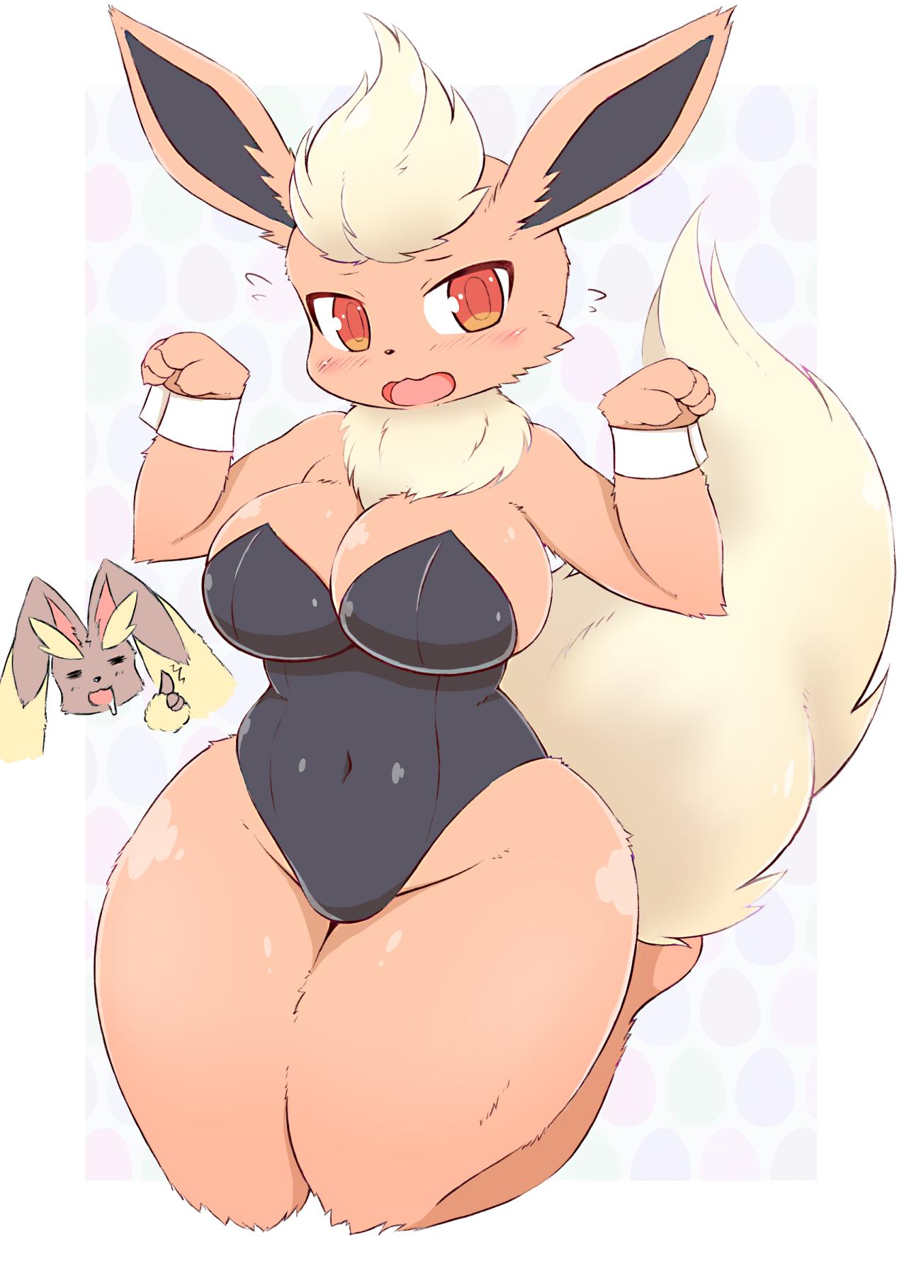 anthro anthrofied big_breasts big_tail biped black_clothing blush bodily_fluids breasts brown_body brown_fur canid canine cleavage clothed clothing curvy_figure drooling duo eeveelution female flareon fluffy fluffy_tail flustered fur glistening glistening_clothing head_tuft hi_res kemono kneeling leotard long_ears looking_at_viewer lopunny mammal multicolored_body multicolored_fur navel neck_tuft nintendo open_mouth orange_body orange_eyes orange_fur paw_pose pok&eacute;mon pok&eacute;mon_(species) pok&eacute;morph pose saliva shirt_cuffs simple_background skimpy solo_focus tan_body tan_fur thick_thighs tuft two_tone_body two_tone_fur varnish_(artist) video_games voluptuous wide_hips