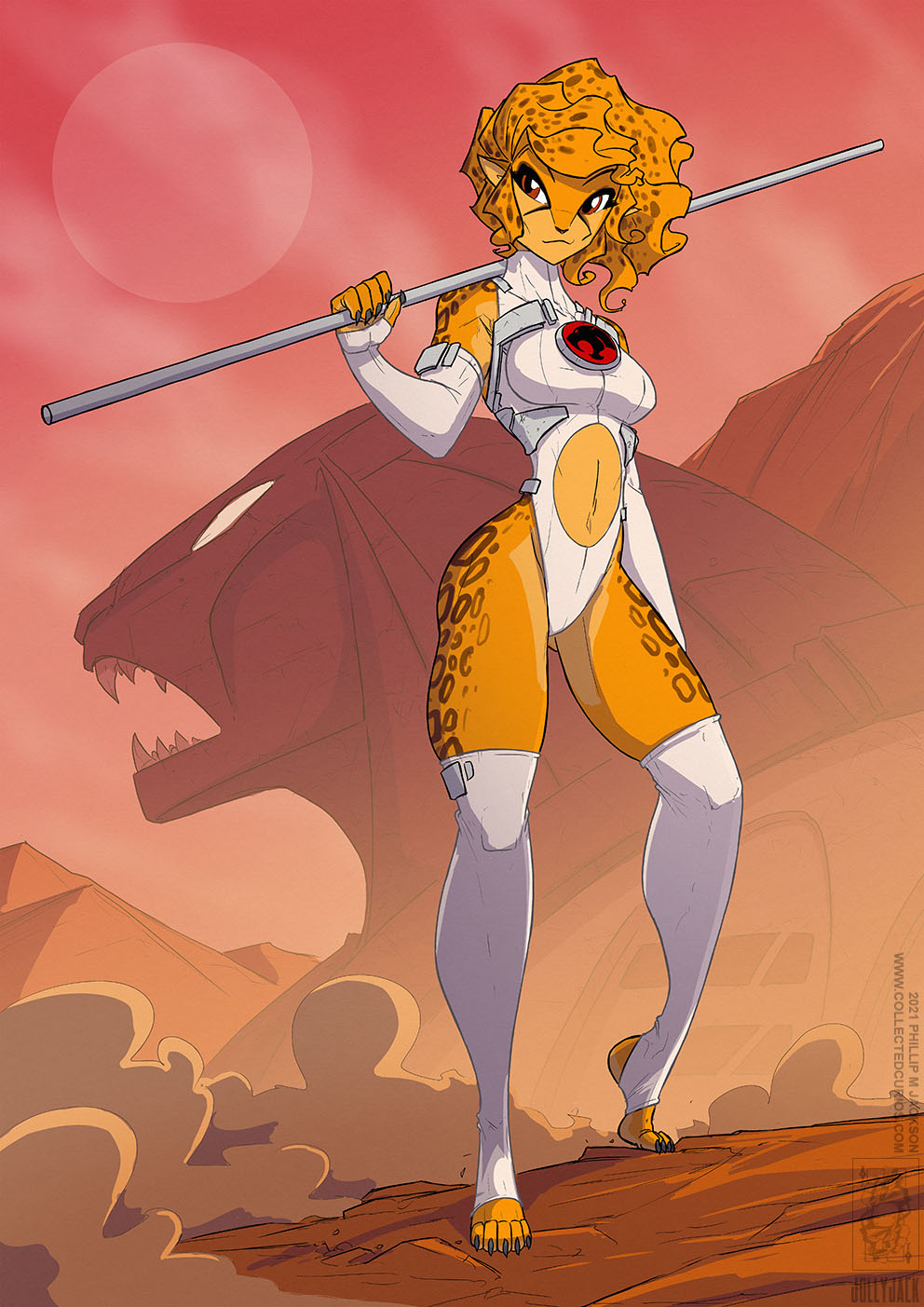 anthro armwear cheetah cheetara clothing conditional_dnp elbow_gloves felid feline female fingerless_gloves fur gloves handwear hi_res jollyjack leotard mammal midriff plantigrade solo spots spotted_body spotted_fur staff stirrup_stockings thundercats