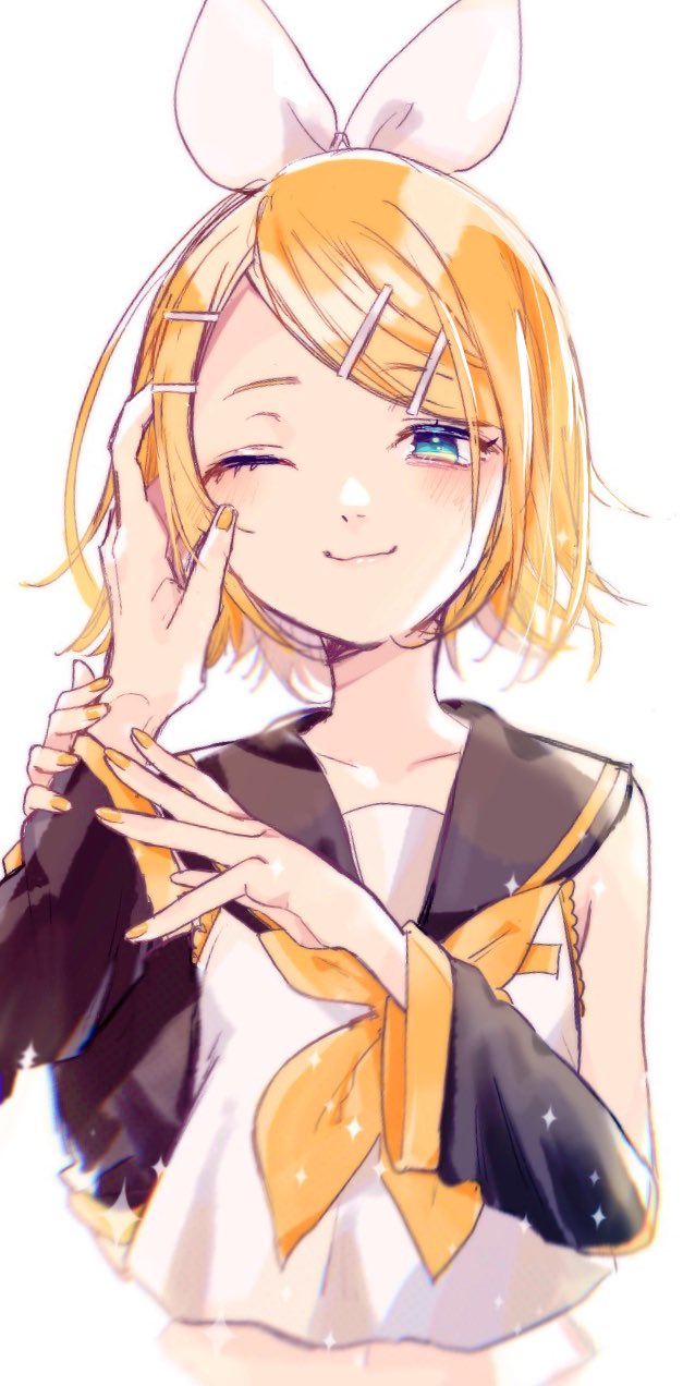 1boy 1girl ;3 ascot bangs bare_shoulders blonde_hair bloom blue_eyes blush bow brother_and_sister caress detached_sleeves hair_bow hair_ornament hairclip hand_on_another's_face highres kagamine_len kagamine_rin kzs_souko looking_at_viewer one_eye_closed pale_skin pov sailor_collar shirt siblings sleeveless sleeveless_shirt smile solo_focus sparkle swept_bangs twins vocaloid wrist_grab yellow_nails yellow_neckwear